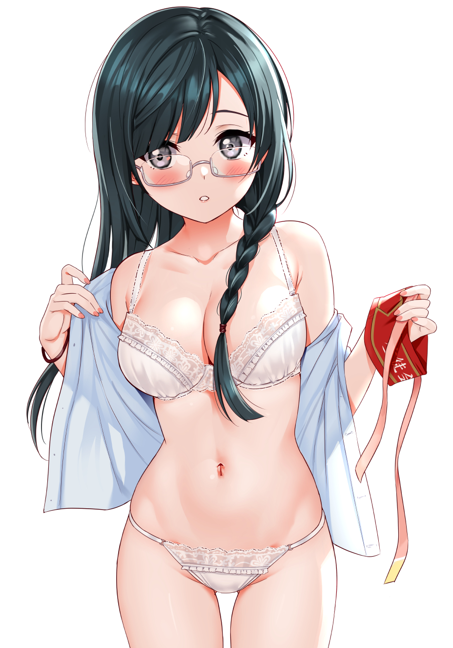 :o, 1girls, armband, black eyes, black hair, blush, bra, braid, breasts, cleavage, clothing, collarbone, female, female focus, glasses, hair over shoulder, hi res, lace, lace trim, lace-trimmed bra, lace-trimmed panties, legs together, long hair, looking at viewer, love live!, love live! nijigasaki high school idol club, matching underwear, medium breasts, nakagawa nana, navel, no pants, open clothes, open shirt, panties, pink ribbon, ribbon, sankuro (agoitei), shirt, simple background, solo, underwear, undressing, white background, white bra, white panties, white shirt, wristband, yuuki setsuna (love live!)