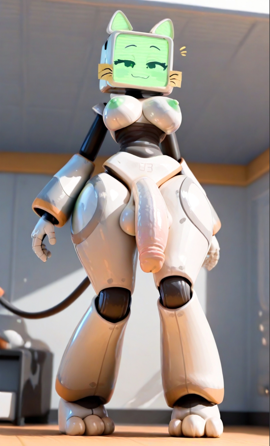 ai generated, anthro, big breasts, big penis, blush, breasts, cat ears, flaccid penis, from below, fuch animations, full body, furry, futanari, half-closed eyes, huge cock, intersex, low-angle view, penis, pur 03, smile, tv head