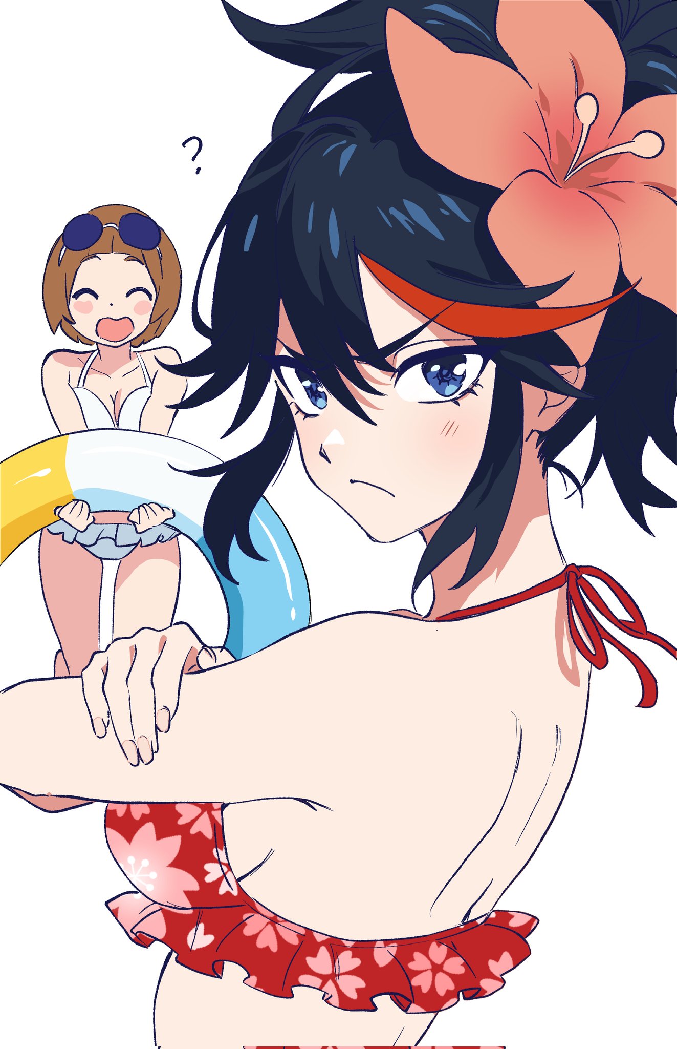 ?, 2girls, annoyed, bare shoulders, bikini, black hair, black-haired female, blue eyes, bob cut, breasts, brown-haired female, cute, eyewear on head, female, flower, frilled bikini, frills, hair flower, hair ornament, highres, inflatable toy, kill la kill, looking at viewer, mankanshoku mako, matoi ryuuko, multicolored hair, multiple females, multiple girls, open mouth, red bikini, serious, shoulder blades, sideboob, sidelocks, sisi am1011, sunglasses, swimsuit, tomboy, upper body, white bikini