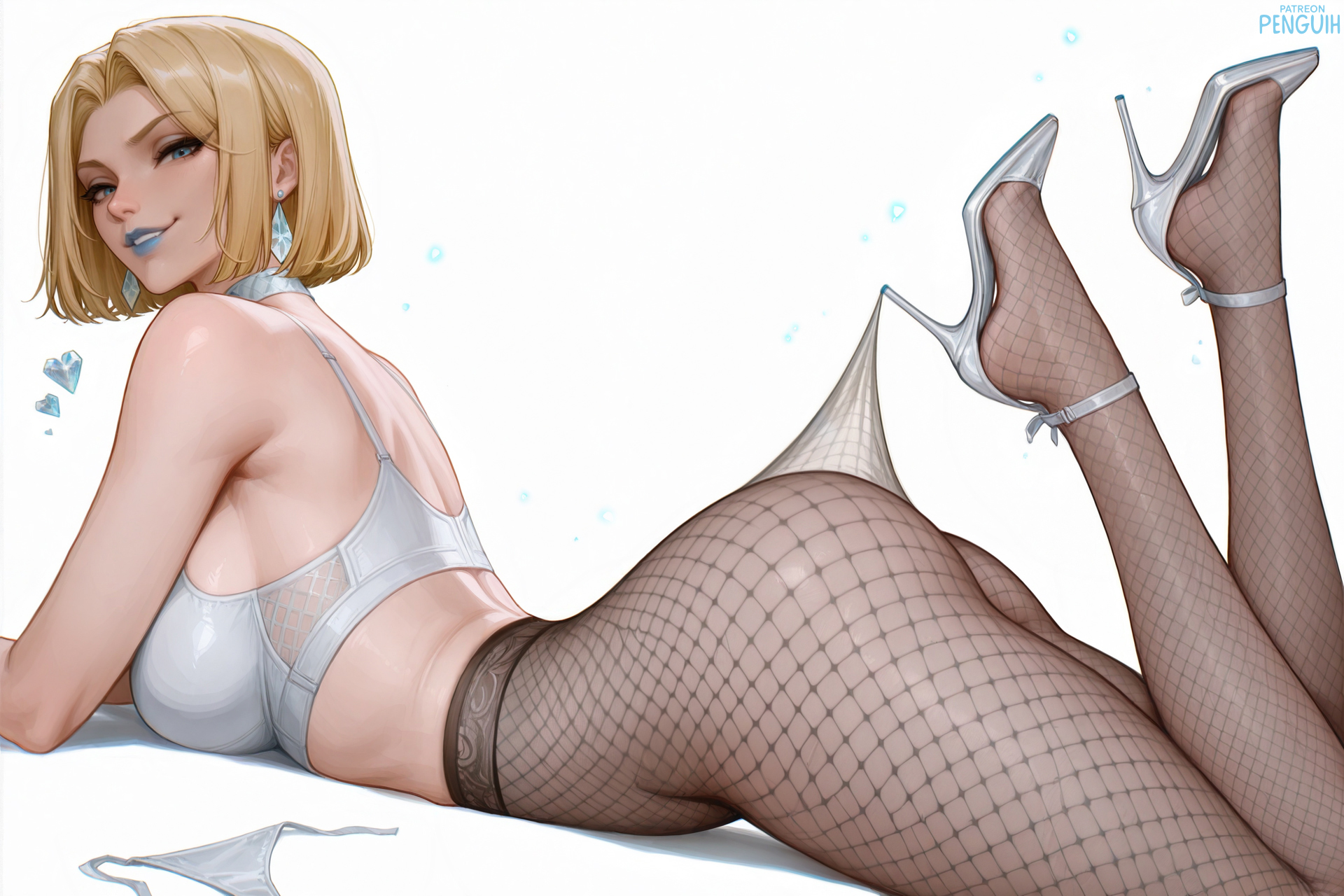1girls, ai assisted, ai generated, arched back, ass, big ass, big breasts, blonde hair, blue eyes, blue lipstick, bra, breasts, emma frost, emma frost (marvel rivals), feet, feet up, female, female focus, female only, fishnet legwear, full body, heels, hi res, high heels, lace pantyhose hooked on heel (meme), large breasts, lingerie, lying on stomach, marvel, marvel rivals, mature, mature female, meme, panties down, pantyhose, pantyhose pull, patreon username, penguih, pose, posing, posing for the viewer, pulled by self, raised leg, sexy pose, short hair, side view, simple background, solo, solo focus, underwear, white background