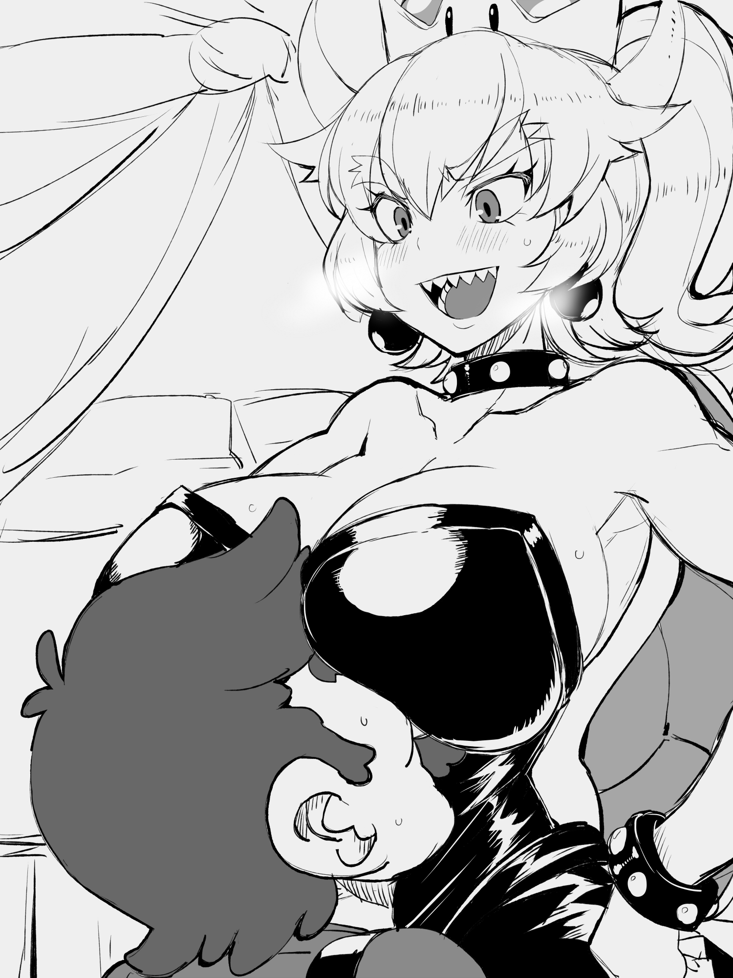 1boy, 1girls, armlet, bare shoulders, between breasts, blush, bowser, bowsette, bracelet, breast rest, breast smother, breasts, breasts on head, breath, collar, collarbone, commentary request, crown, dress, earrings, face between breasts, face to breasts, facial hair, female, genderswap, greyscale, hair between eyes, hand on own hip, head between breasts, height difference, high ponytail, highres, huge breasts, jewelry, long hair, looking at another, male, mario, mario (series), monochrome, moustache, new super mario bros. u deluxe, nintendo, nuebiimu, open mouth, ponytail, rule 63, sharp teeth, short hair, sketch, smile, smothering, straight, strapless, strapless dress, super crown, super mario bros., sweat, teeth, turtle shell, v-shaped eyebrows