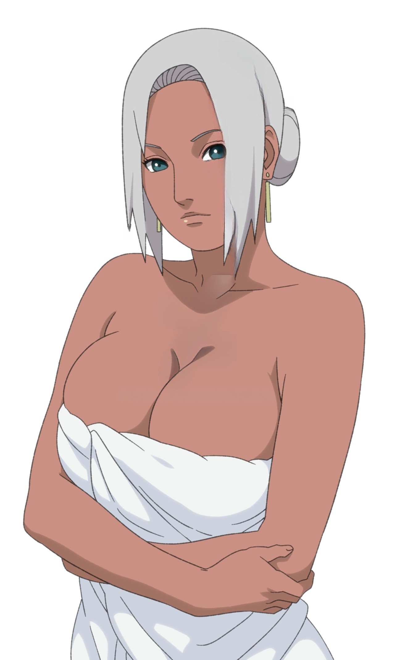 1girls, bare shoulders, barely clothed, big breasts, blue eyes, breasts, busty, cleavage, dark skin, dark-skinned female, female, female only, hair bun, kiripetals, large breasts, long hair, looking at viewer, mabui, mature, mature female, naruto, naruto (series), naruto shippuden, pinup, plain background, presenting, presenting breasts, silver hair, simple background, single hair bun, solo, solo focus, tied hair, top heavy, towel, towel only, upper body, voluptuous, voluptuous female, white background