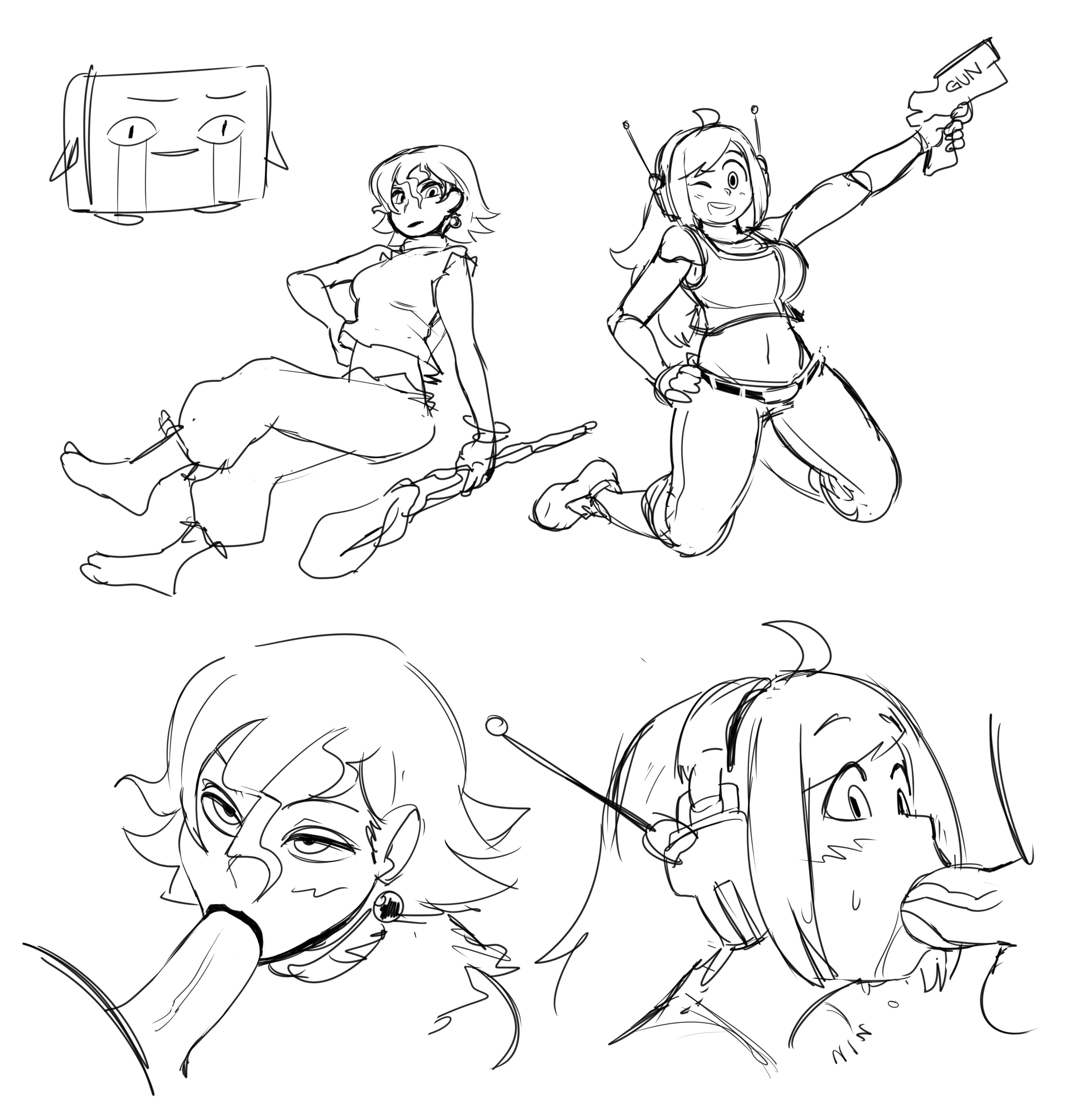 2girls, balrog (cave story), cave story, curly brace, female, misery (cave story), monochrome, noill, oral, penis, sketch, sucking penis