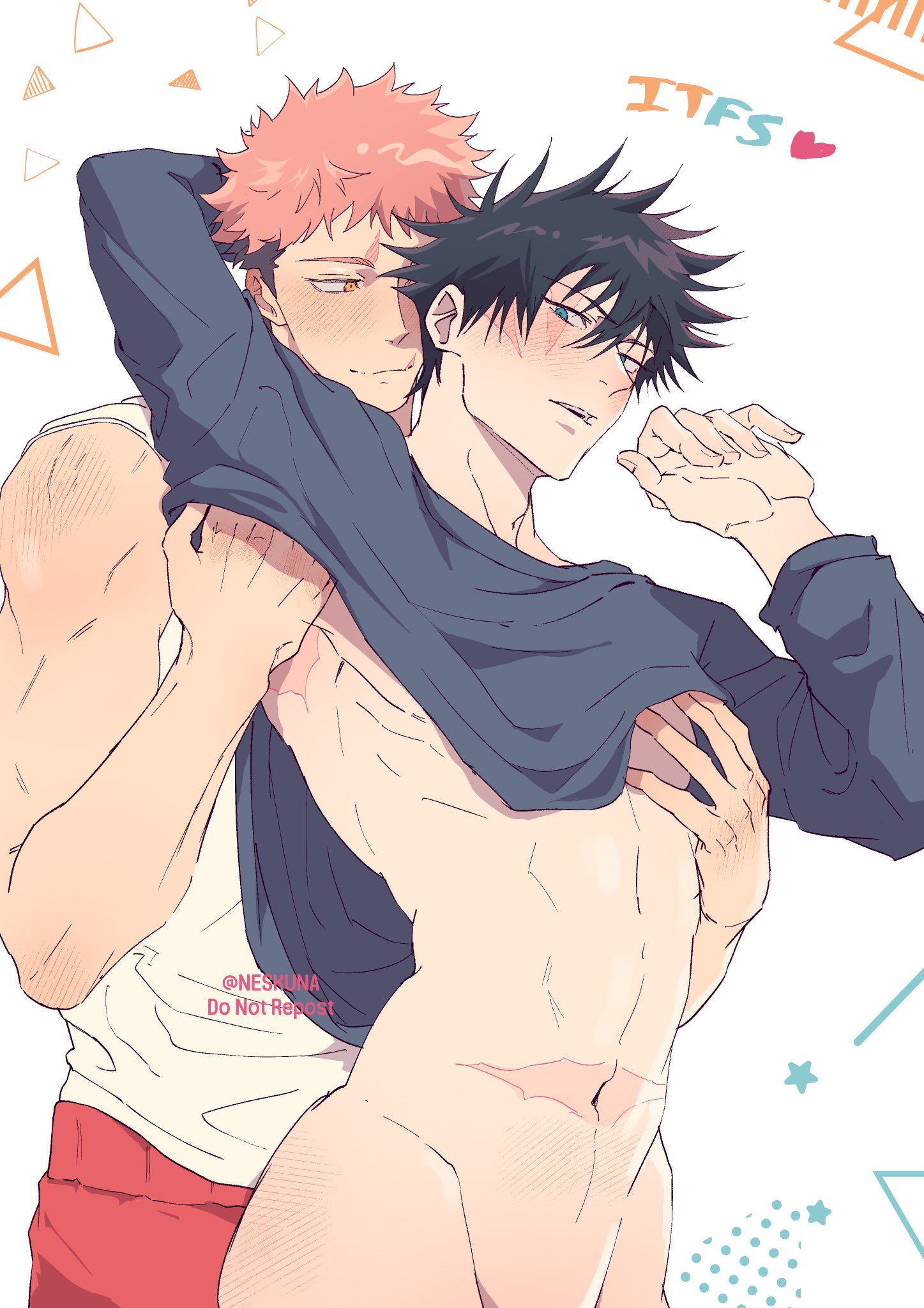bara, fushiguro megumi, gay, itadori yuuji, jujutsu kaisen, male, male focus, male only, muscular, muscular male, neskuna, yaoi