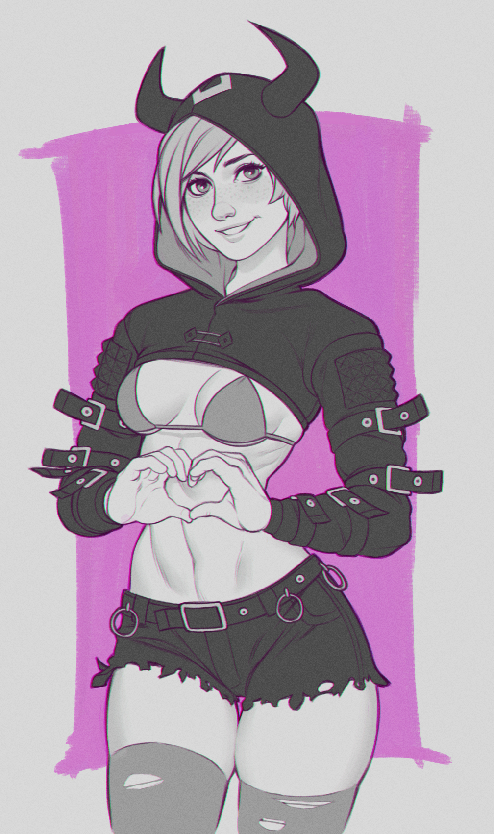 belt, bikini, bikini top only, breasts, buckles, commentary, cowboy shot, cropped hoodie, effyneprin, english commentary, fake horns, female, freckles, greyscale, heart, heart hands, heart symbol, highres, hood, hoodie, horns, medium breasts, moira burton, monochrome, parted lips, resident evil, resident evil revelations 2, short hair, short shorts, shorts, smile, solo, spot color, straps, swimsuit, thighhighs, torn clothes, torn thighhighs