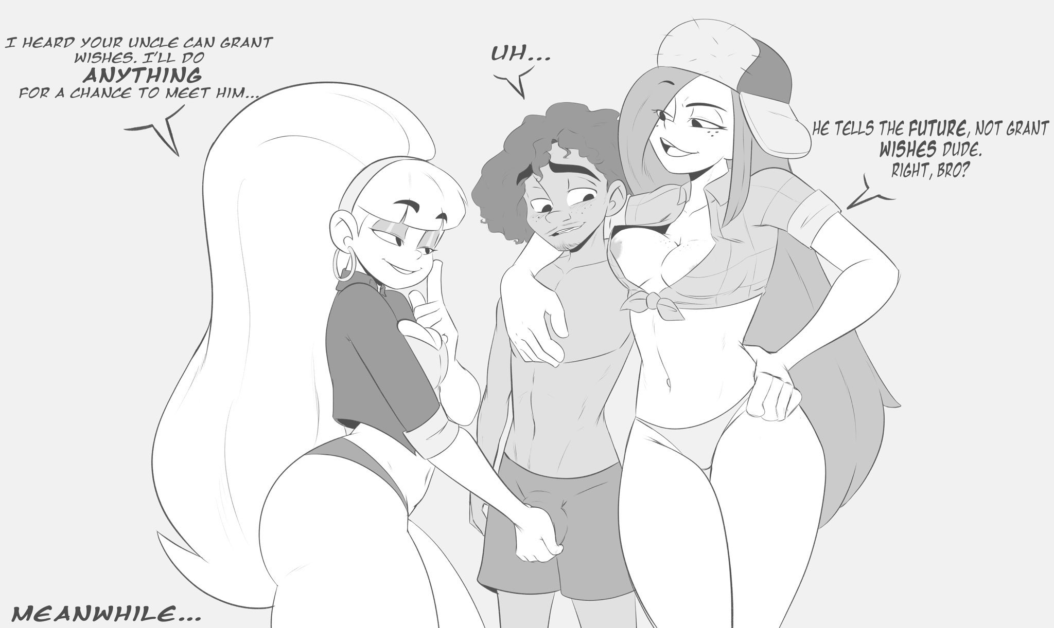 1boy, 2023, 2girls, afrolatino, aggressive female, areola slip, arm around neck, arm around partner, ass, assertive female, breasts, bulge, bulge grab, camilo madrigal, cleavage, cock hungry, crop top, crossover, dark-skinned male, disney, earrings, encanto, english text, eyebrows visible through hair, female, freckles, freckles on breasts, freckles on face, gravity falls, groping penis, groping through clothes, hairband, half-closed eyes, hand on hip, hat, hoop earrings, human, imminent sex, imminent threesome, klassyarts (artist), latino, latino male, latino male white female, light-skinned female, long hair, long-haired female, looking at breasts, lumberjack hat, male, medium breasts, monochrome, multiple females, multiple girls, navel, pacifica northwest, panties, penis, ready to fuck, seducing, smile, speech bubble, standing, text, thick thighs, thighs, tomboy, trio, useless clothing, ushanka, very long hair, wendy corduroy, white female