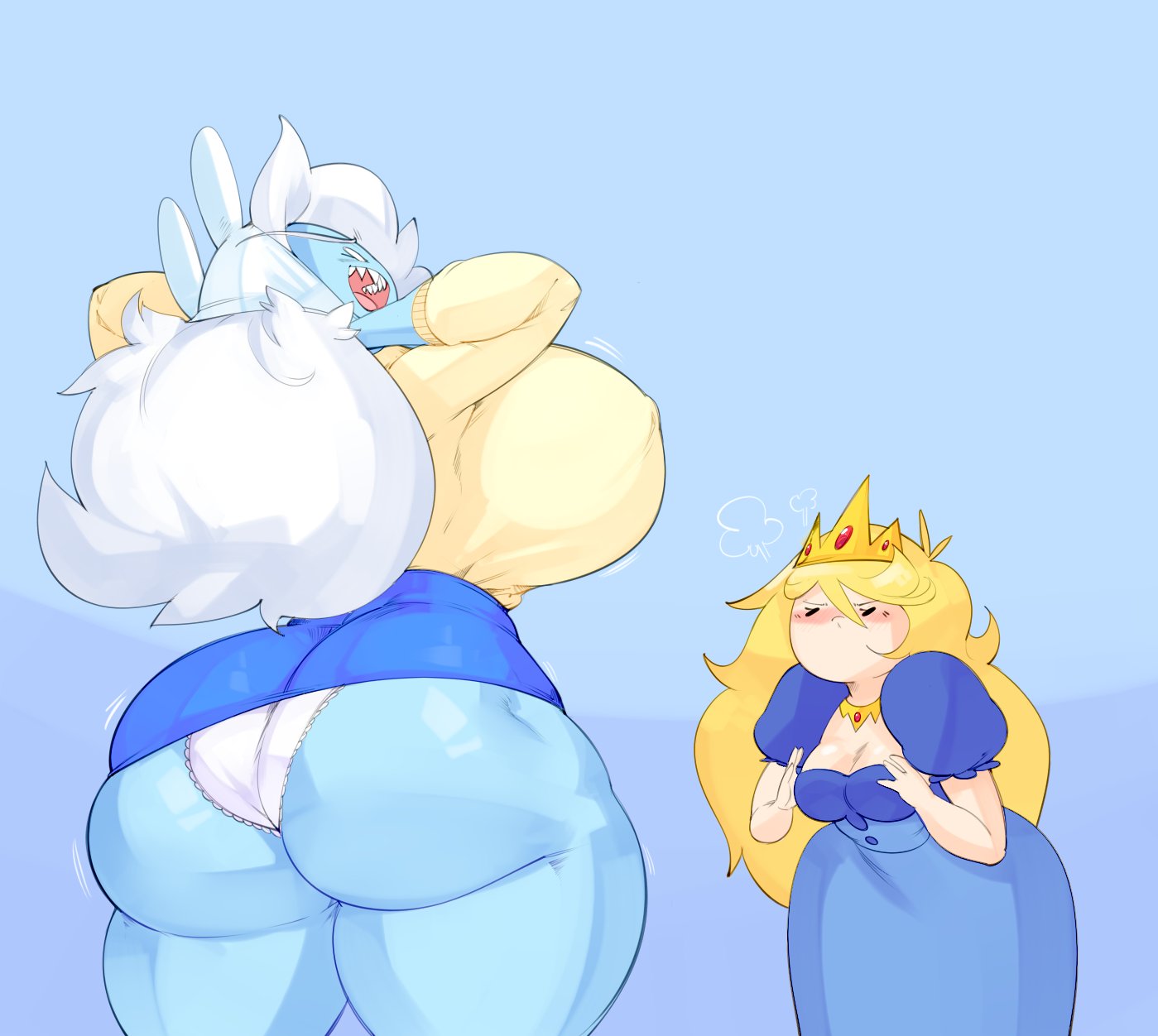 2girls, adventure time, ass, big ass, big breasts, blonde hair, breast envy, breasts, bulumble-bee, curvy, female, fionna the human girl, ice queen (adventure time), panties, short skirt, thick ass, thick thighs, tight clothing, tight skirt, underwear, voluptuous, white hair, white panties