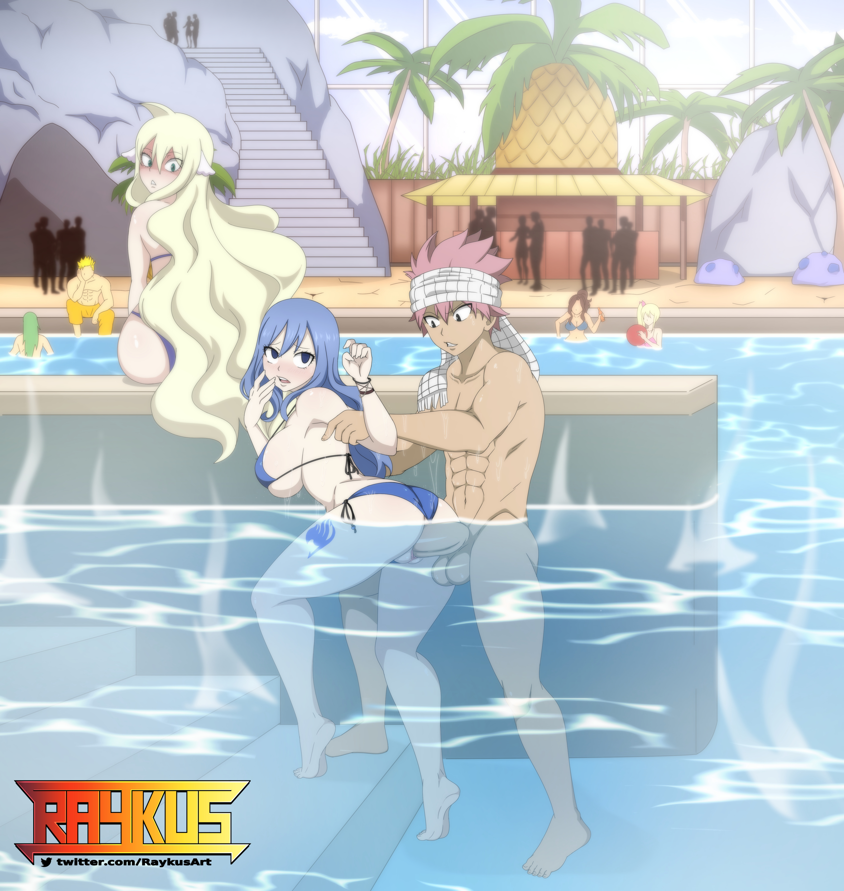 3boys, 4girls, abs, ass, big breasts, big penis, bikini, bikini aside, bikini bottom, blonde hair, blonde-haired female, blue eyes, blue hair, blue tattoo, blue-haired female, breasts, cana alberona, caught, caught cheating, caught in the act, cheating, cheating boyfriend, cheating girlfriend, cuckold, fairy tail, fairy tail mark, female, freed justine, imminent creampie, imminent impregnation, juvia lockser, large breasts, laxus dreyar, long hair, lucy heartfilia, male, mavis vermilion, natsu dragneel, penis, pink hair, pink-haired male, pool, pussy, raykus, sex, straight, swimsuit, swimsuit aside, tattoo, tattoo on legs, tattooed leg, uncensored, vaginal, vaginal penetration, vaginal sex, water