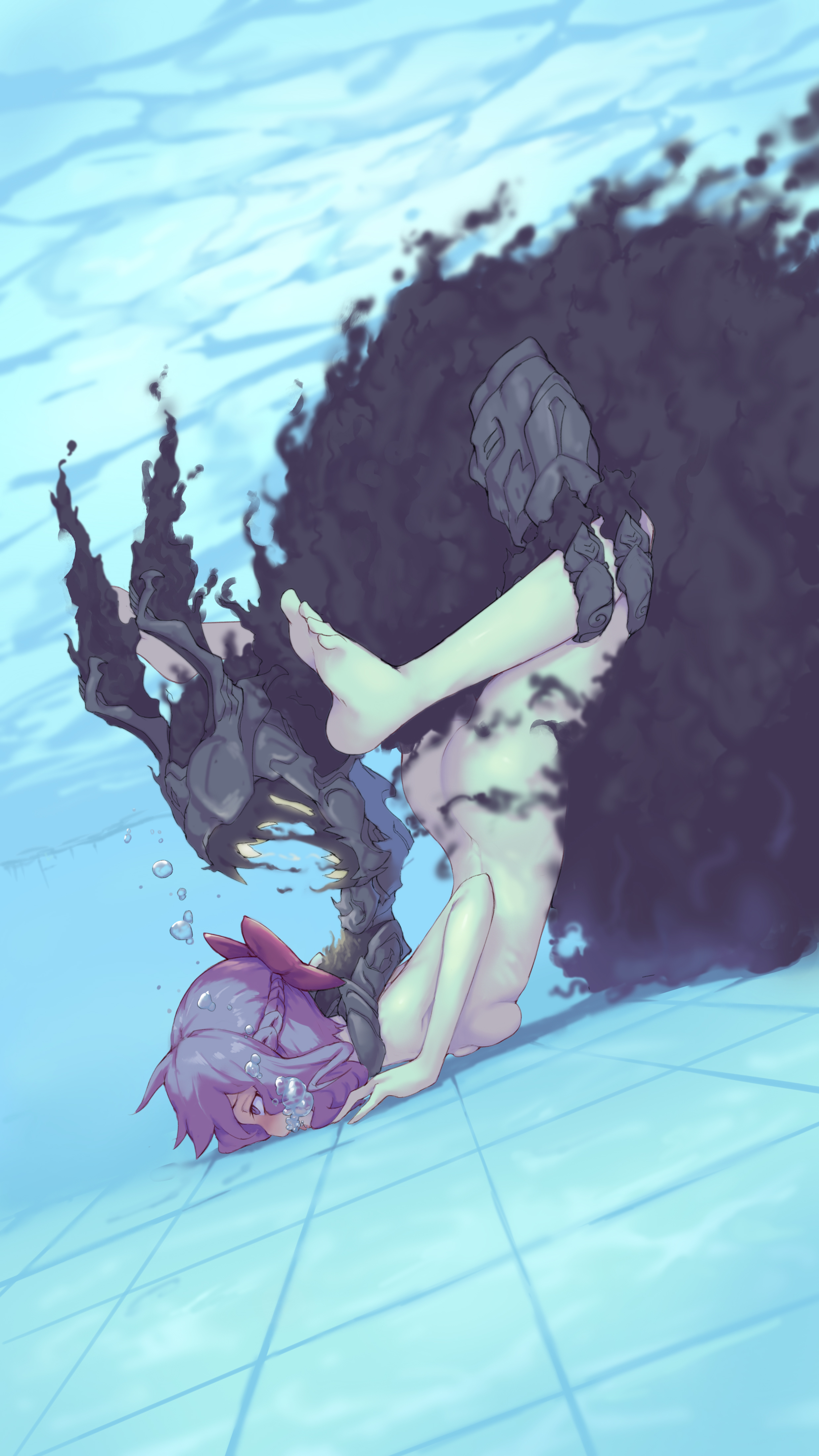 1girls, air bubbles, asphyxiation, ass, blush, bondage, breast press, breasts, demon, demon horns, detailed background, domination, drowning, female, grabbing from behind, grabbing legs, hiiragi shinoa, monster, monster rape, nude, owari no seraph, purple hair, pussy, rape, ribbon, rou (rou22), rou271, sex, short hair, solo female, swimming pool, underwater, underwater sex, vaginal penetration