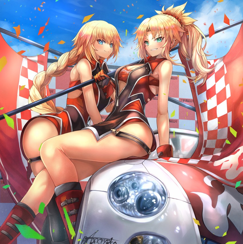 2girls automobile blonde_hair blue_eyes blush braid breasts car fate/apocrypha fate/grand_order fate_(series) female female_only green_eyes hair_ornament jeanne_d'arc_(fate) mordred_(fate) motor_vehicle navel ohako race_queen thighs