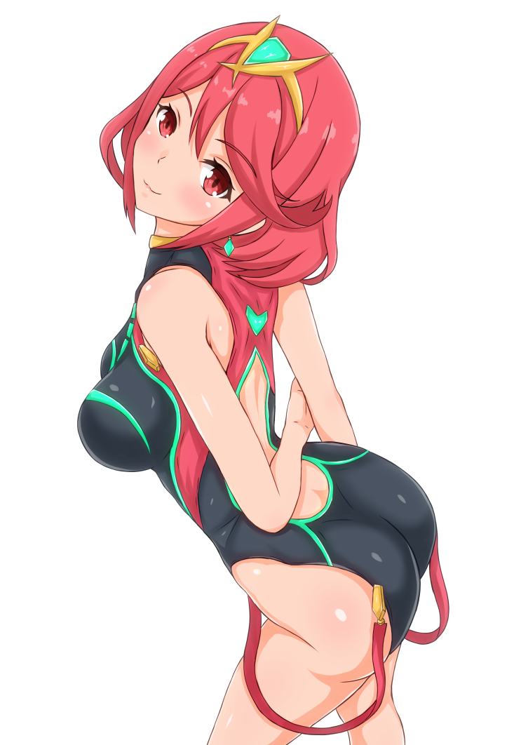 1girls :3 ass bare_arms bare_shoulders black_swimsuit blush breasts casual_one-piece_swimsuit competition_swimsuit erect_nipples female hair_between_eyes headgear kilikasumi large_breasts looking_at_viewer looking_back matching_hair/eyes nintendo one-piece_swimsuit pyra red_eyes red_hair sepia_(kilikasumi) short_hair sideboob smile solo standing swimsuit xenoblade_(series) xenoblade_chronicles_2