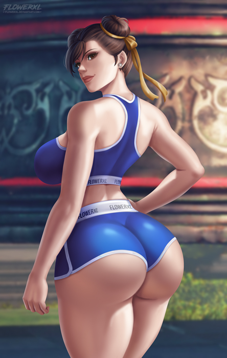 1girls ass backboob big_ass big_breasts booty_shorts breasts bubble_butt chun-li dat_ass female female_only flowerxl from_behind huge_ass large_breasts looking_at_viewer looking_back pants short_shorts shorts skin_tight solo standing street_fighter thick_thighs wide_hips