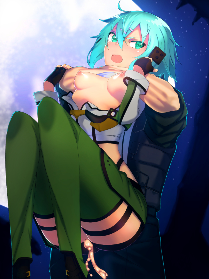 1boy 1girls aqua_eyes aqua_hair asada_shino blue_eyes blue_hair breasts cum cum_drip cum_inside female fingerless_gloves gloves hair_ornament hairclip human male medium_breasts nipples open_clothes open_jacket open_mouth open_shirt rbx_lamen sex sinon straight sword_art_online sword_art_online:_phantom_bullet