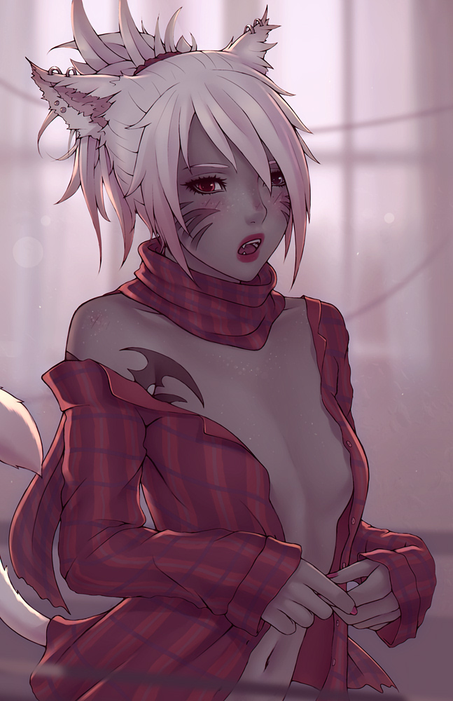 breasts, female, female only, final fantasy, final fantasy xiv, looking at viewer, miqo'te, open shirt, scarf, small breasts, solo, soranamae, tattoo