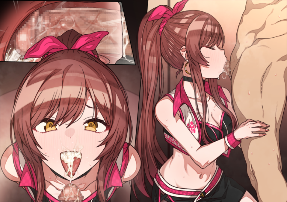 1boy after_deepthroat after_oral bare_arms black_choker breasts brown_hair burgundy_hair censored choker cleavage cum cum_in_mouth cum_in_throat cum_on_tongue deepthroat earrings erection erere fellatio female fringe hair_between_eyes happy_sex hoop_earrings idolmaster idolmaster_shiny_colors internal_cumshot jewelry kneeling long_hair looking_at_viewer medium_breasts mosaic_censoring navel open_mouth oral osaki_amana penis ponytail sidelocks small_penis straight teenager tight_throat tongue tongue_out wrist_cuffs x-ray yellow_eyes