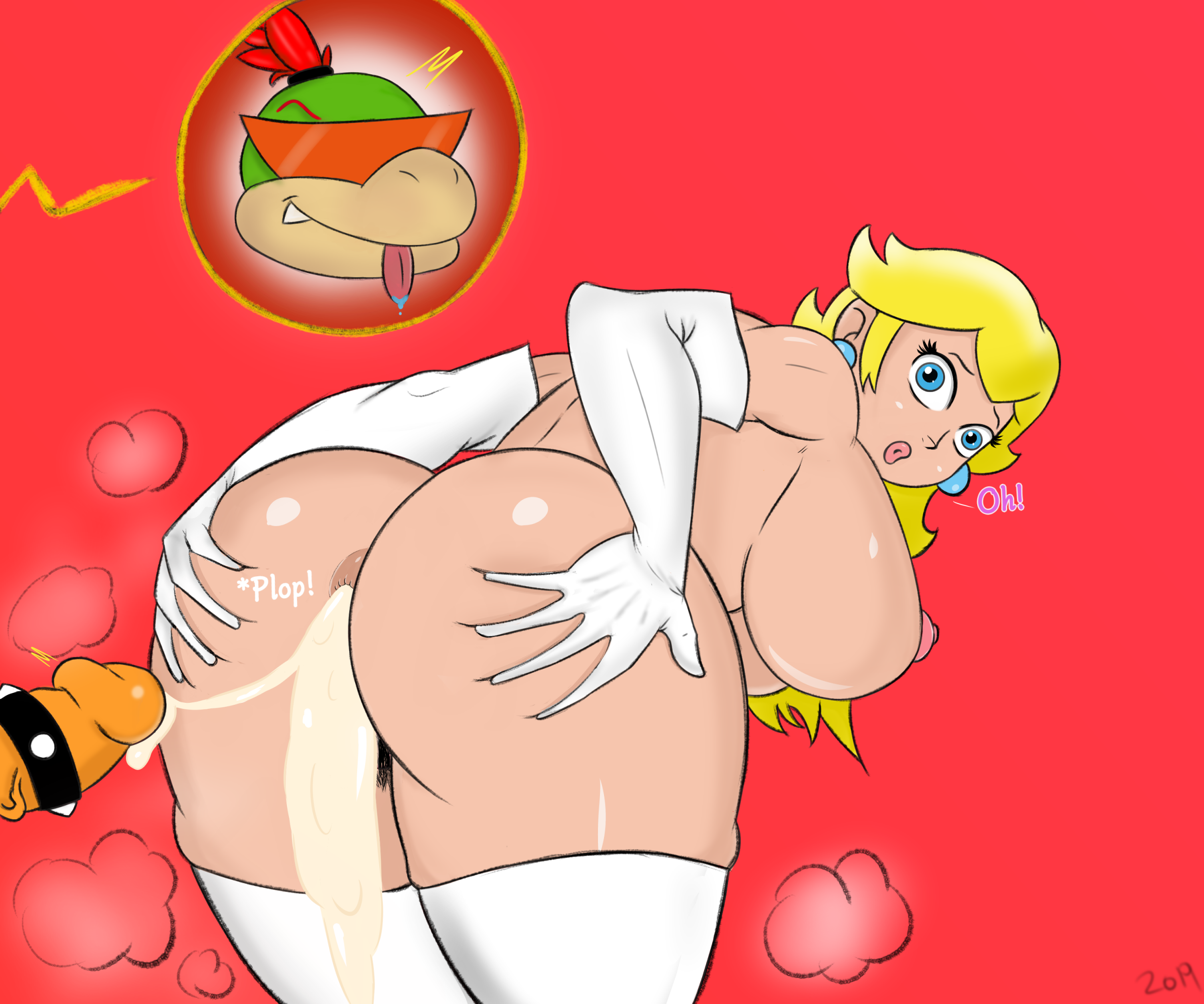 1boy, 1girls, anal, ass, ass grab, bent over, big ass, big breasts, blonde hair, blue eyes, bowser jr., breasts, busty, cum, cum in ass, cum inside, curvy, excessive cum, female, gloves, huge ass, huge breasts, koopa, looking back, male, mario (series), nintendo, princess peach, sideboob, straight, thick lips, thick thighs, thighhighs, voluptuous, wide hips