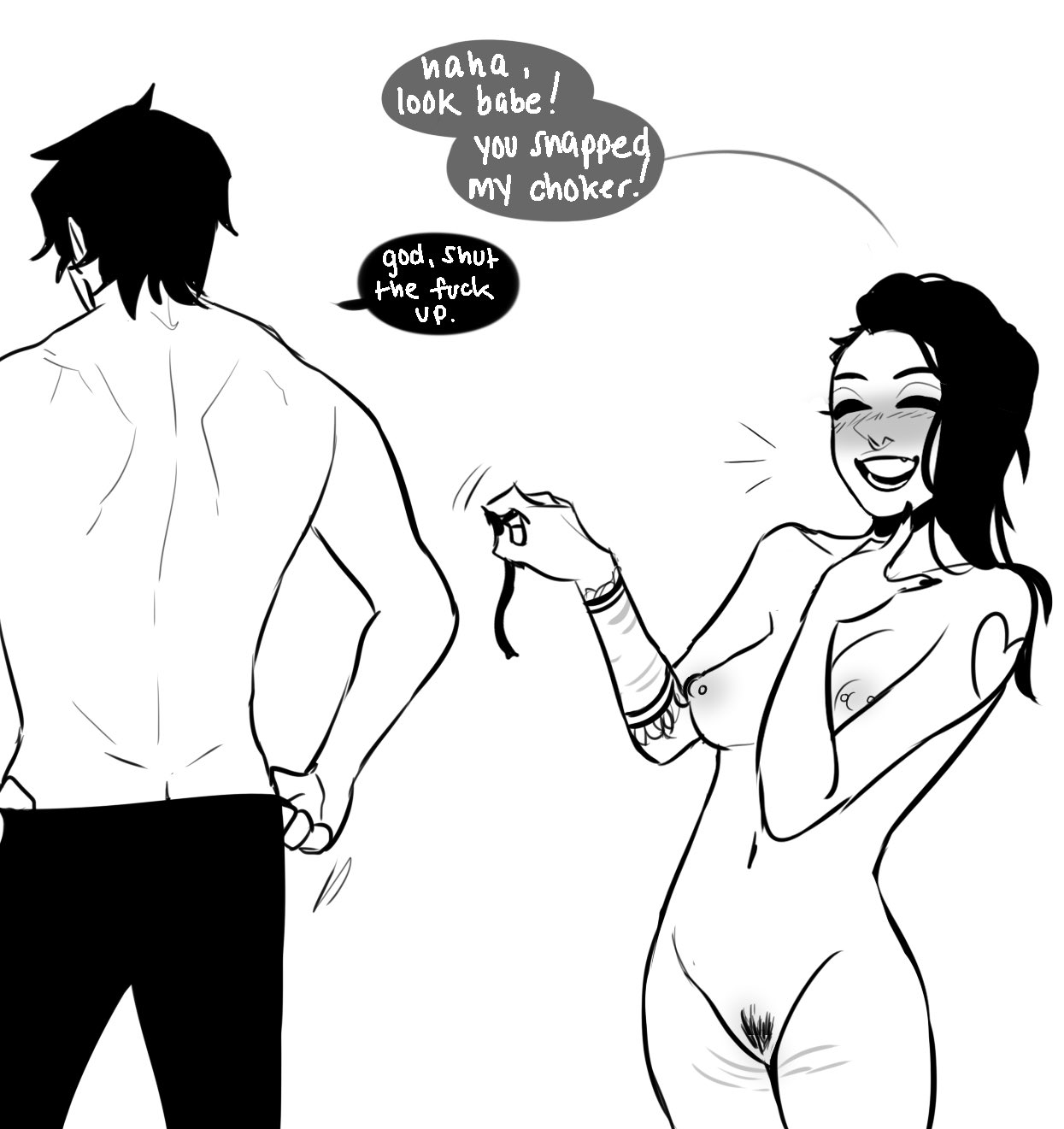 1boy, 1girls, after deepthroat, after fellatio, after oral, after sex, areolae, black eyes, black hair, blush, breasts, choker, choker snapping, closed eyes, dialogue, dirty talk, duo, english text, eyelashes, female, goth, gutsmutss, happy, long hair, male, monochrome, naked, nipple piercing, nipples, nude, original, original character, pale skin, piercing, profanity, pubes, pubic hair, pussy, shaved side, side shave, smile, snap my choker, speech bubble, tattoo, text, white background