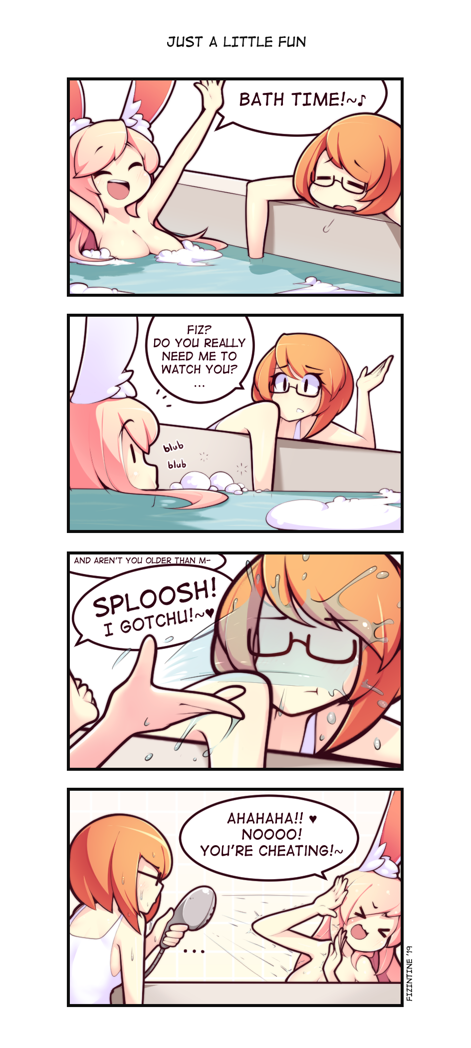 :3 bath bunny_ears comedy comic cute cute_fang fiz fizintine funny luna_(fizintine) orange_hair pink_hair text wholesome