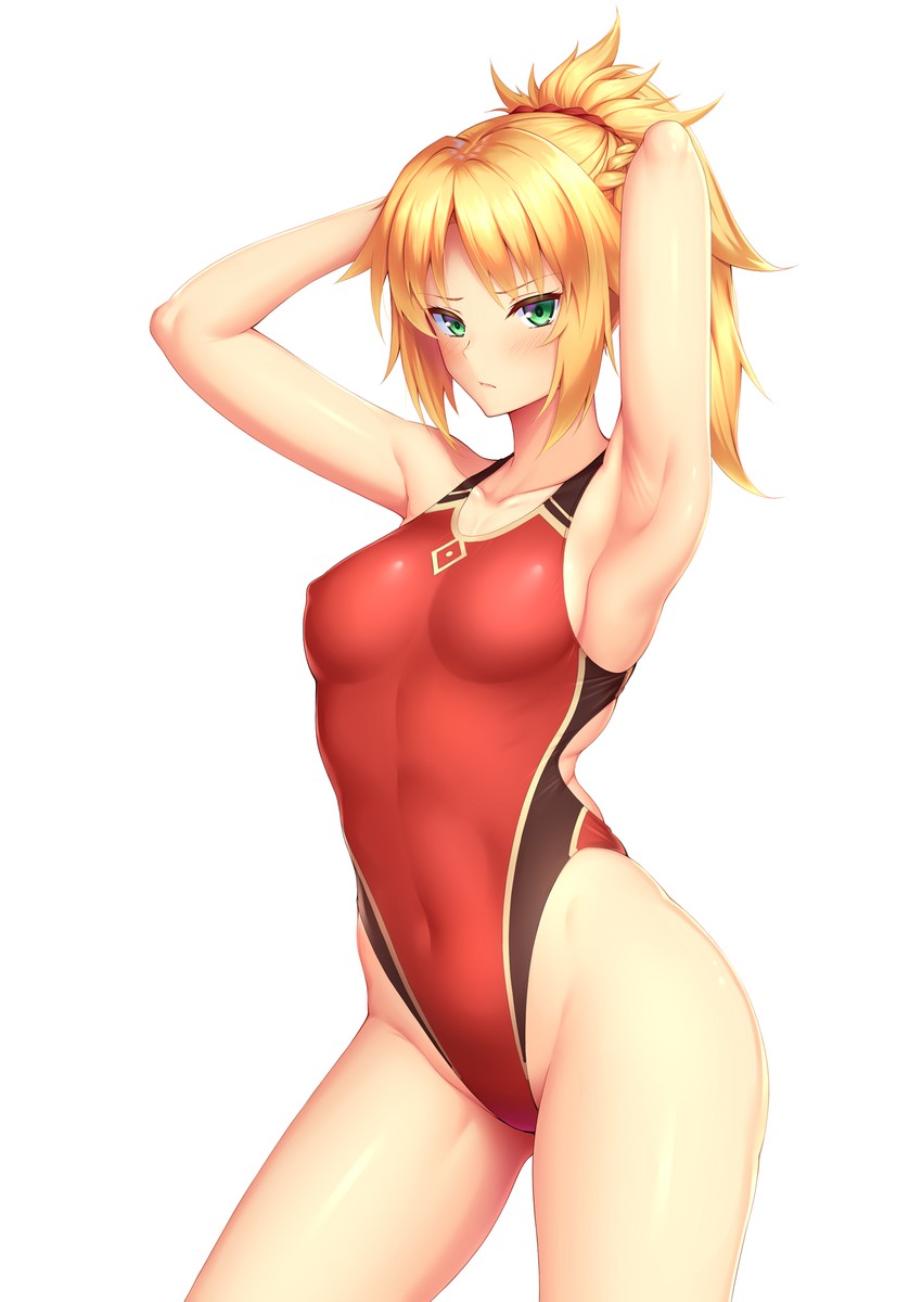1girls, breasts, fate (series), fate/apocrypha, fate/grand order, female, green eyes, hair ornament, mordred (fate), one-piece swimsuit, ponytail, solo, swimsuit, white background, zuizhong