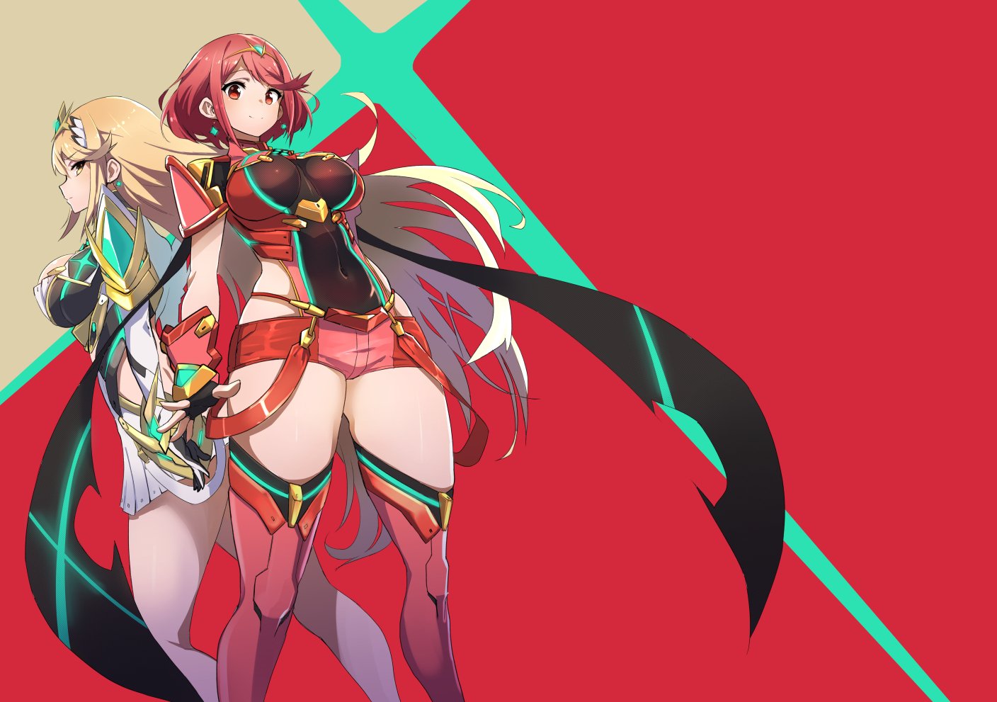 2girls, blonde hair, bodysuit, breasts, cleavage, cover, cover page, covered navel, doujin cover, doujinshi, dress, dual persona, earrings, female, fingerless gloves, gloves, hair ornament, headpiece, jewelry, large breasts, long hair, looking at viewer, multiple girls, mythra, nintendo, nuezou, pauldrons, pyra, red eyes, red hair, red shorts, short hair, short shorts, shorts, sidelocks, skirt, smile, source request, thighhighs, tiara, very long hair, wallpaper, xenoblade (series), xenoblade chronicles 2, yellow eyes