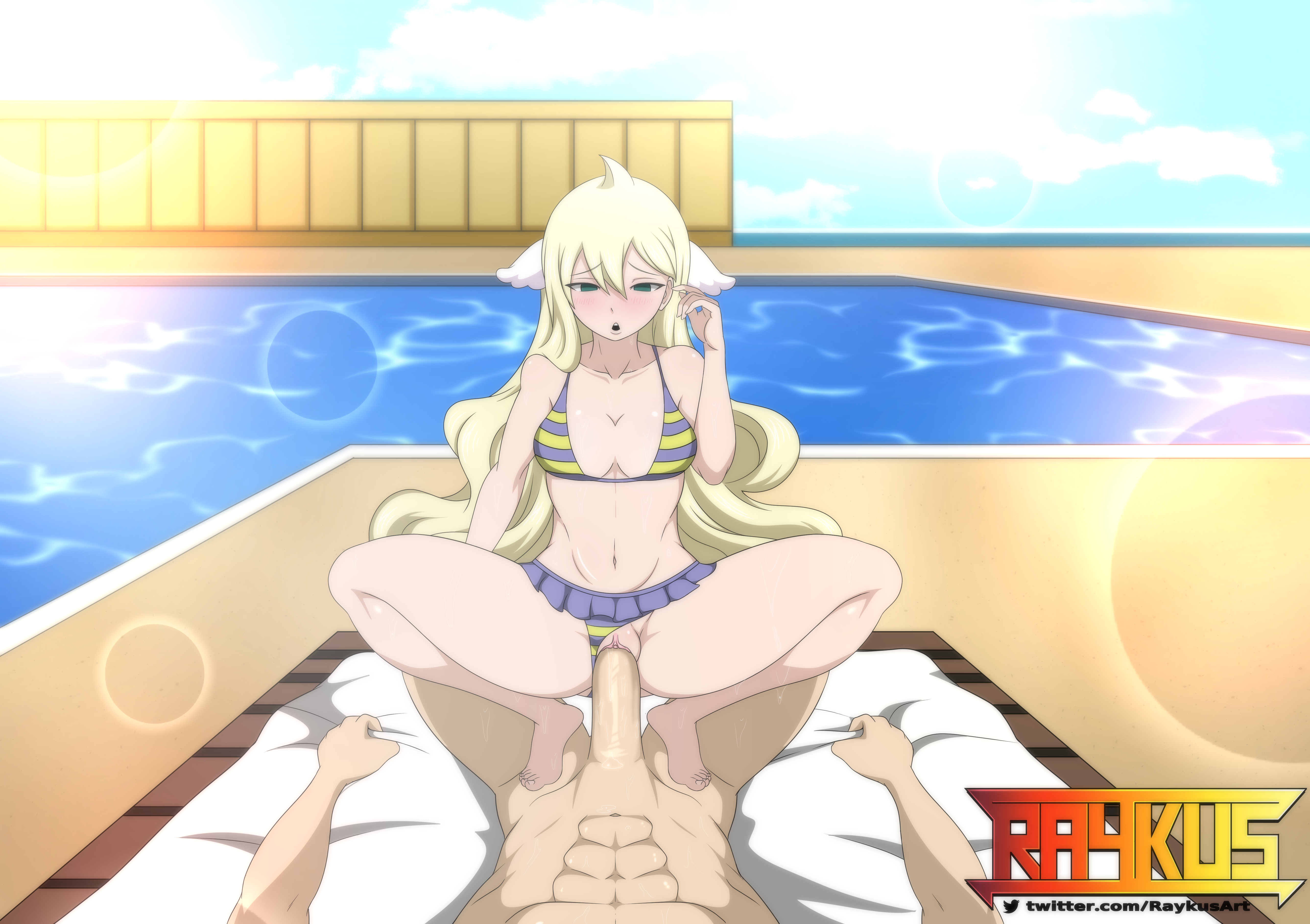 1girls, big penis, bikini, bikini aside, blonde female, blue eyes, blush, breasts, cowgirl position, fairy tail, female, male, mavis vermilion, open mouth, penis, poolside, pov, pussy, raykus, small breasts, vaginal penetration