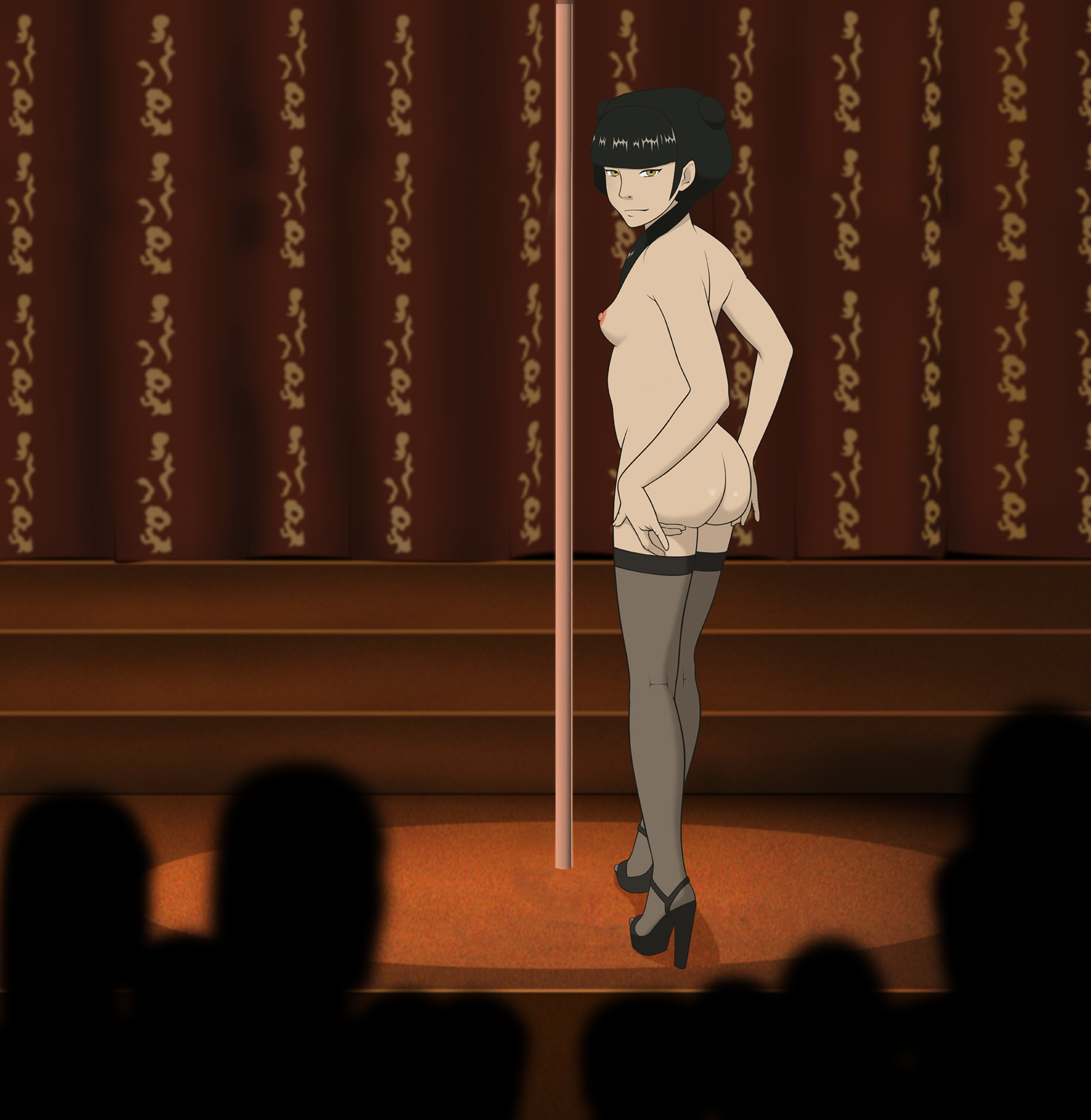 anaxus, ass, avatar the last airbender, black hair, breasts, crowd, female, high heels, long hair, looking back, mai (avatar), naked, naked footwear, nipples, open toe shoes, pole, side view, sideboob, small breast, solo, stage, stockings, strip club, stripper pole