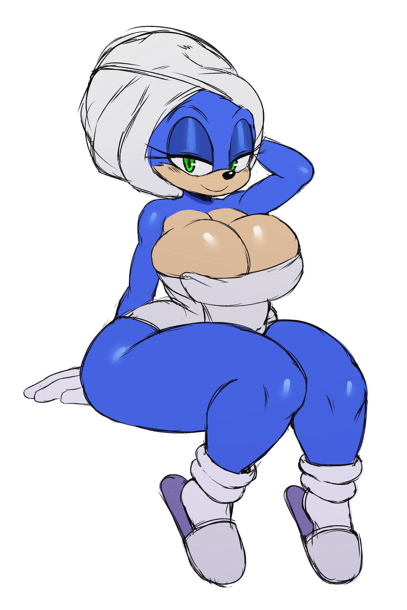 1girls, blue fur, breasts, female, female only, footwear, genderswap, gloves, green eyes, handwear, large breasts, looking at viewer, mammal, mobian (species), mostly nude, paramount pictures, rough sketch, rule 63, seductive smile, sega, shoes, socks, sonic (series), sonic the hedgehog, sonic the hedgehog (film), sonic the hedgehog (series), sonique the hedgehog, sssonic2, thick thighs, thighs, towel, towel on head, towel only, white background
