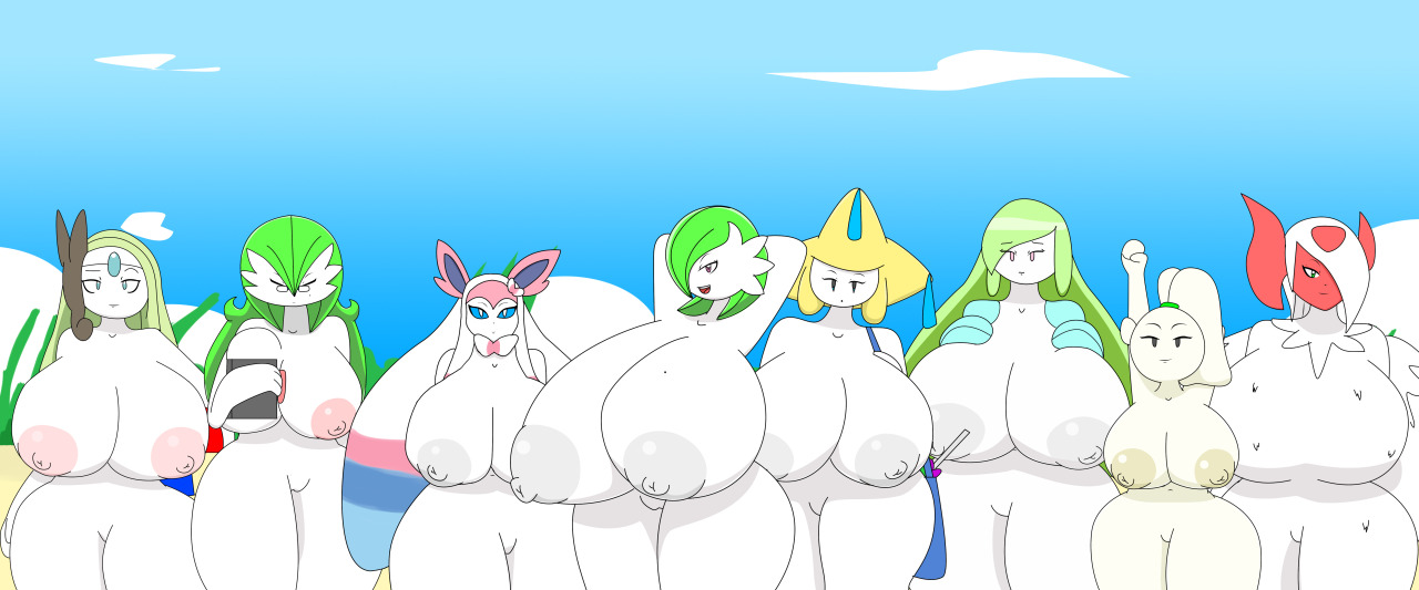 8girls, absol, alternate breast size, anthro, anthrofied, areolae, arm up, ass, beach, big breasts, big ears, blue eyes, blue fur, breasts, canine, eye contact, fairy, female, gardevoir, green hair, hair over one eye, half-closed eyes, horns, huge ass, huge breasts, hyper, hyper breasts, igphhangout, inverted nipples, jirachi, lagomorph, large breasts, long ears, long hair, looking at viewer, mega absol, mega evolution, meloetta, multiple females, multiple girls, nintendo, nipples, nude, original character, outdoors, pink eyes, pink fur, pokemon, pokemon (species), pokemon rgby, pokemon rse, pokemon xy, pose, pussy, red skin, short hair, solo, sylveon, text, thick thighs, white fur, white skin, wide hips, wings, yellow skin