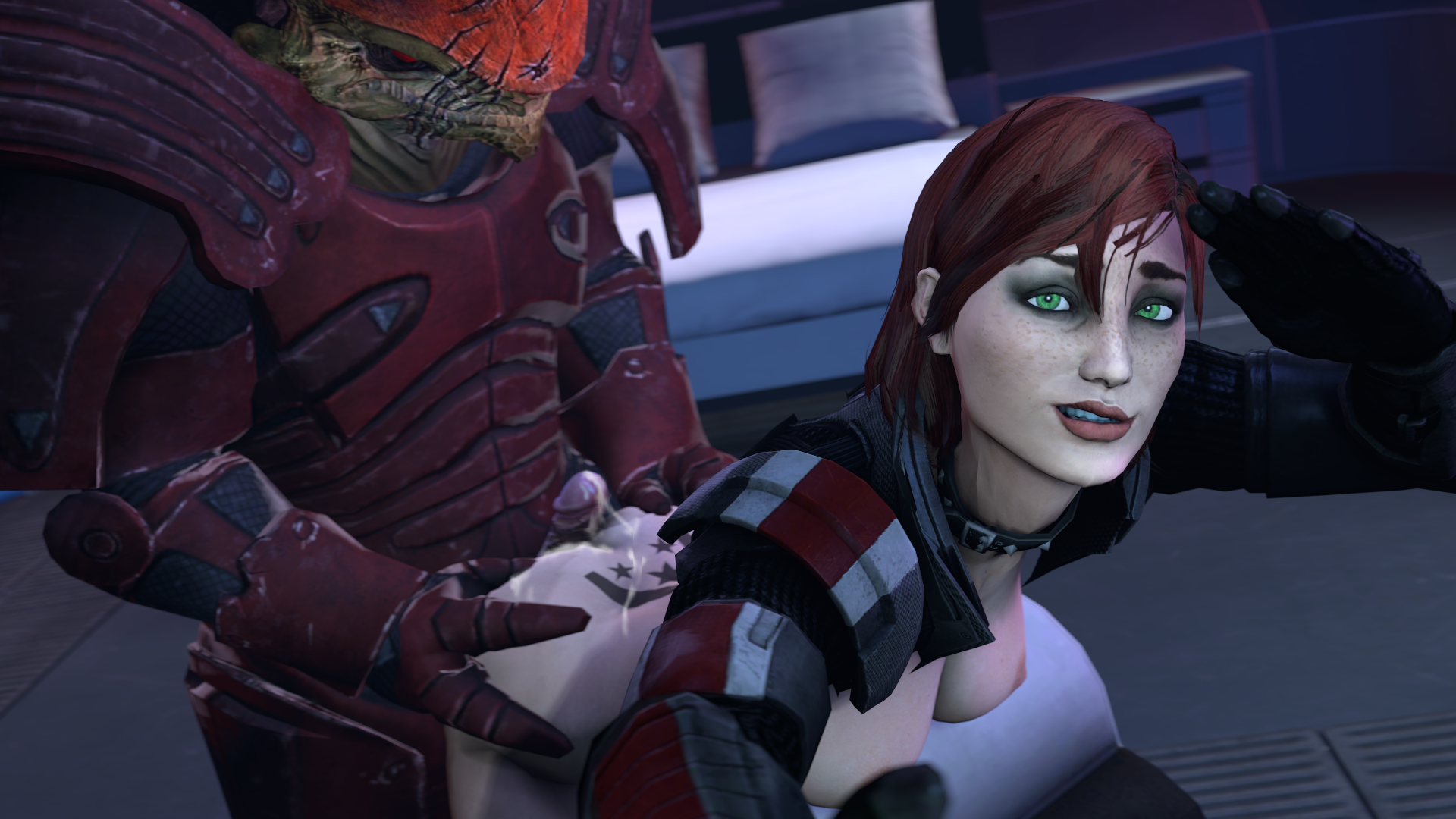 1boy, 1girls, 3d, 3d (artwork), alien, ass, bent over, breasts, camera, commander shepard, cum, doggy style, female, female protagonist, femshep, freckles, green eyes, human, interspecies, krogan, light skin, light-skinned female, male, mass effect, mass effect 3, nervaanims, nipples, pale skin, pale-skinned female, penis, red hair, selfie, sex, tattoo, tramp stamp, uncensored, urdnot wrex