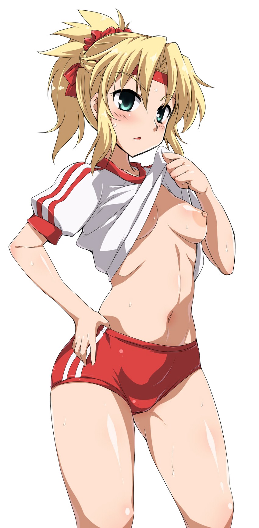 1girls, blush, breasts, fate (series), fate/grand order, female, hair ornament, mordred (fate), navel, nipples, shirt lift, solo, white background, yoshi tama