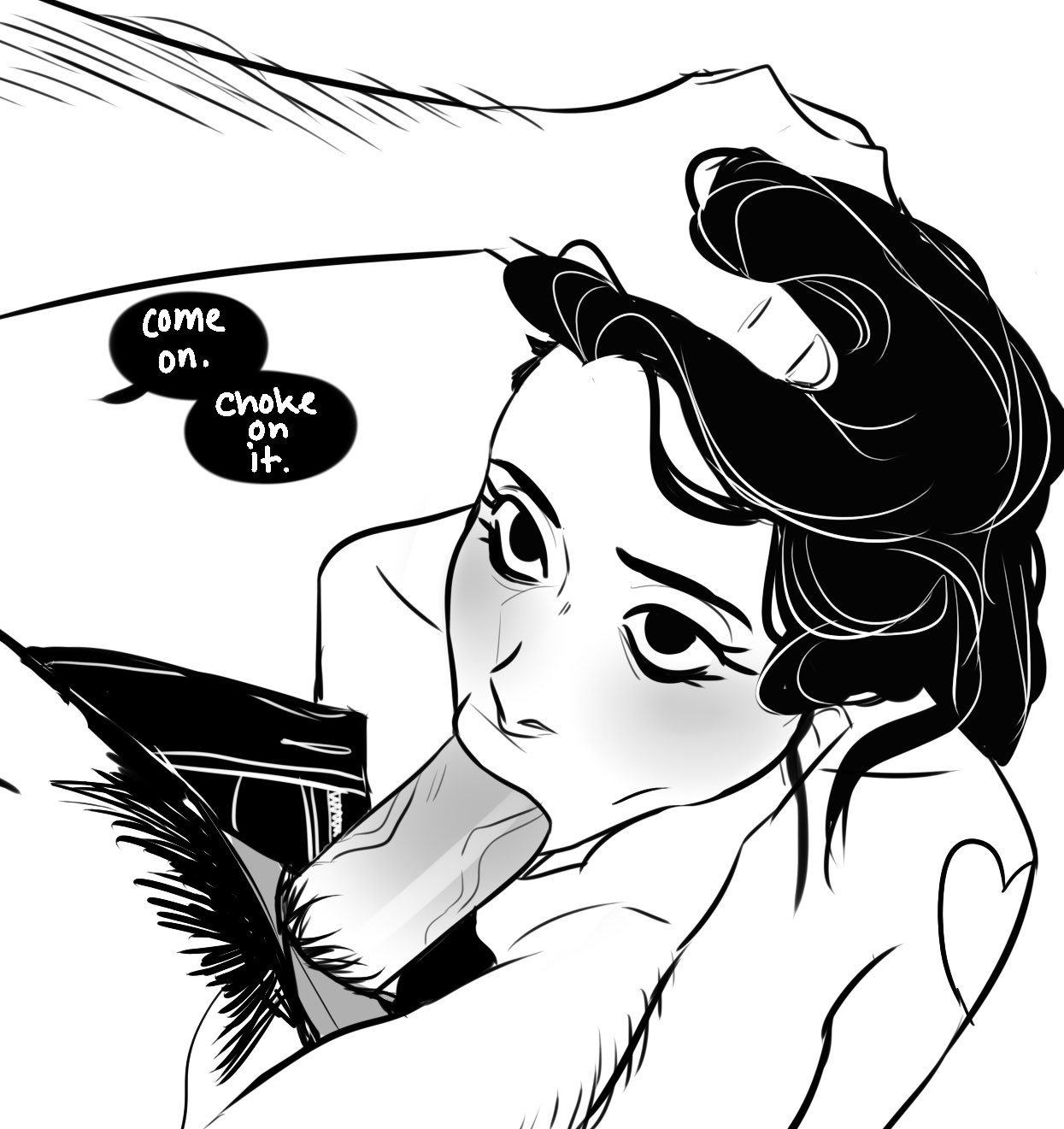 !, !!, 1boy, 1girls, black eyes, black hair, blowjob, blush, deepthroat, dialogue, dirty talk, duo, english text, eye contact, eyelashes, fellatio, female, goth, gutsmutss, hand on head, head grab, kneeling, looking at another, looking up, male, monochrome, oral, original, original character, painted nails, pale skin, pubes, pubic hair, sex, shaved side, side shave, sketch, submissive, text, throat bulge, throat fuck, tight throat, white background
