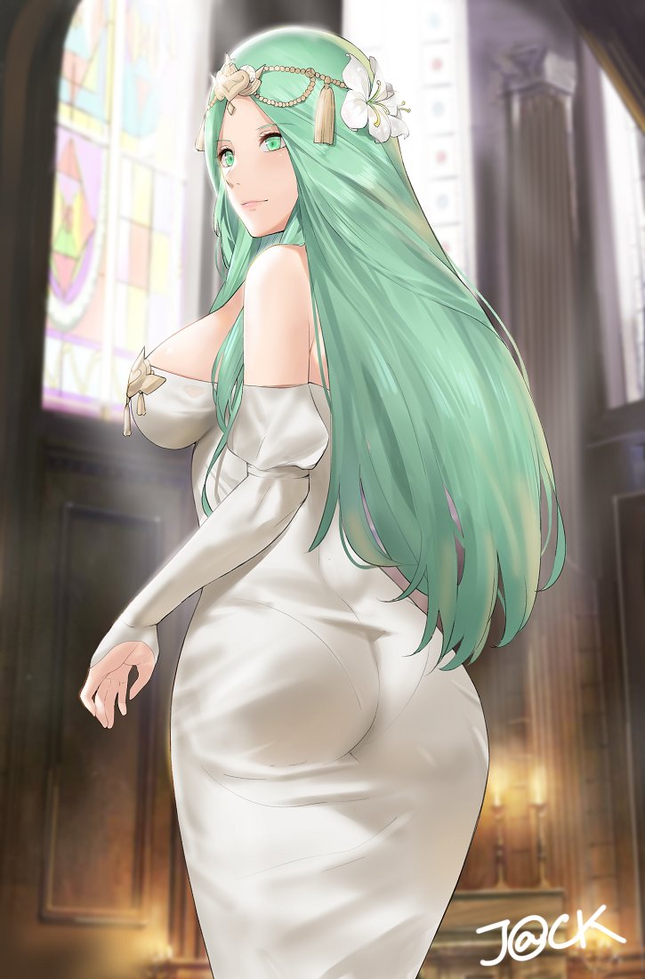 1girls aqua_eyes aqua_hair artist_name ass ass_in_dress back back_view backlighting big_breasts blush breasts church circlet closed_mouth cowboy_shot dress fat_ass fire_emblem fire_emblem:_three_houses flower fully_clothed green_hair hair_flower hair_ornament indoors j@ck juliet_sleeves large_breasts long_dress long_hair long_sleeves looking_away looking_to_the_side low_cut_top nabatean_(fire_emblem) nintendo panties panties_visible_through_clothing pantylines parted_bangs pope puffy_sleeves rhea_(fire_emblem) shoulderless_dress sideboob skin_tight sleeves_past_wrists smile solo stained_glass standing strapless strapless_dress tassel taut_clothes taut_dress very_long_hair white_dress white_flower window