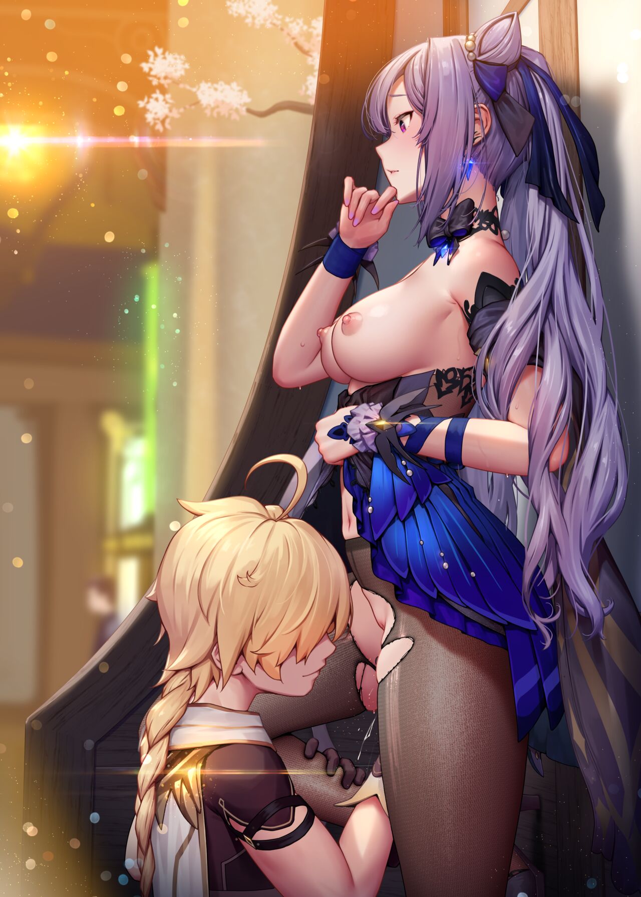 aether (genshin impact), against wall, braid, breasts, doujinshi, dress, dress lift, female, fingering, fingering partner, genshin impact, keqing (genshin impact), keqing (opulent splendor) (genshin impact), male, nipples, pantyhose, pussy, pussy juice, remana, squirting, straight, torn pantyhose, uncensored