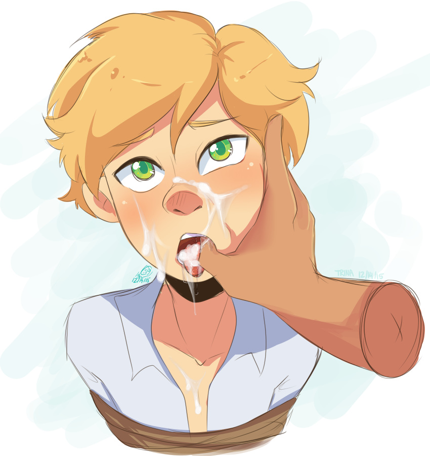 2boys, adrien agreste, after sex, blonde, blonde hair, blush, bondage, clothed, clothing, cum, cum in mouth, cum inside, cum on face, cum on tongue, disembodied hand, femboy, gay, girly, green eyes, hand on head, male, male only, miraculous ladybug, offscreen character, open mouth, tagme, tongue, tongue out, trina, yaoi