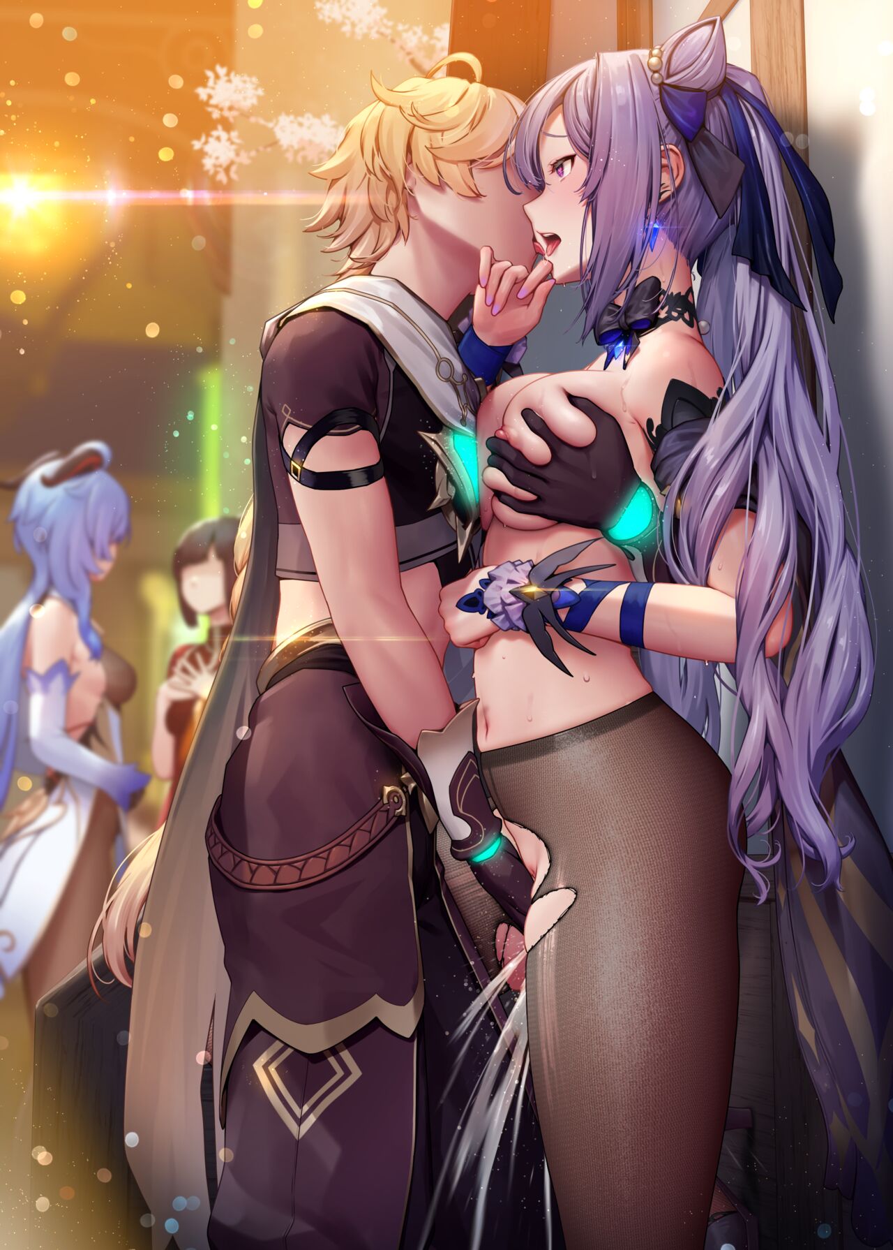 aether (genshin impact), breast grab, breast squeeze, breasts, doujinshi, eyes rolling back, female, female ejaculation, fingering, fingering partner, ganyu (genshin impact), genshin impact, groping, heart, heart-shaped pupils, keqing (genshin impact), keqing (opulent splendor) (genshin impact), male, nipples, pussy, pussy ejaculation, pussy juice, remana, rolling eyes, squirting, straight, tongue, tongue out, torn legwear, torn pantyhose, uncensored