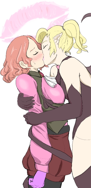 2girls blonde_hair blush closed_eyes demon_girl female_only fluffy_hair haru_okumura kissing megami_tensei multiple_girls persona persona_5 pointy_ears succubus succubus_(megami_tensei) sweatdrop tail yuri