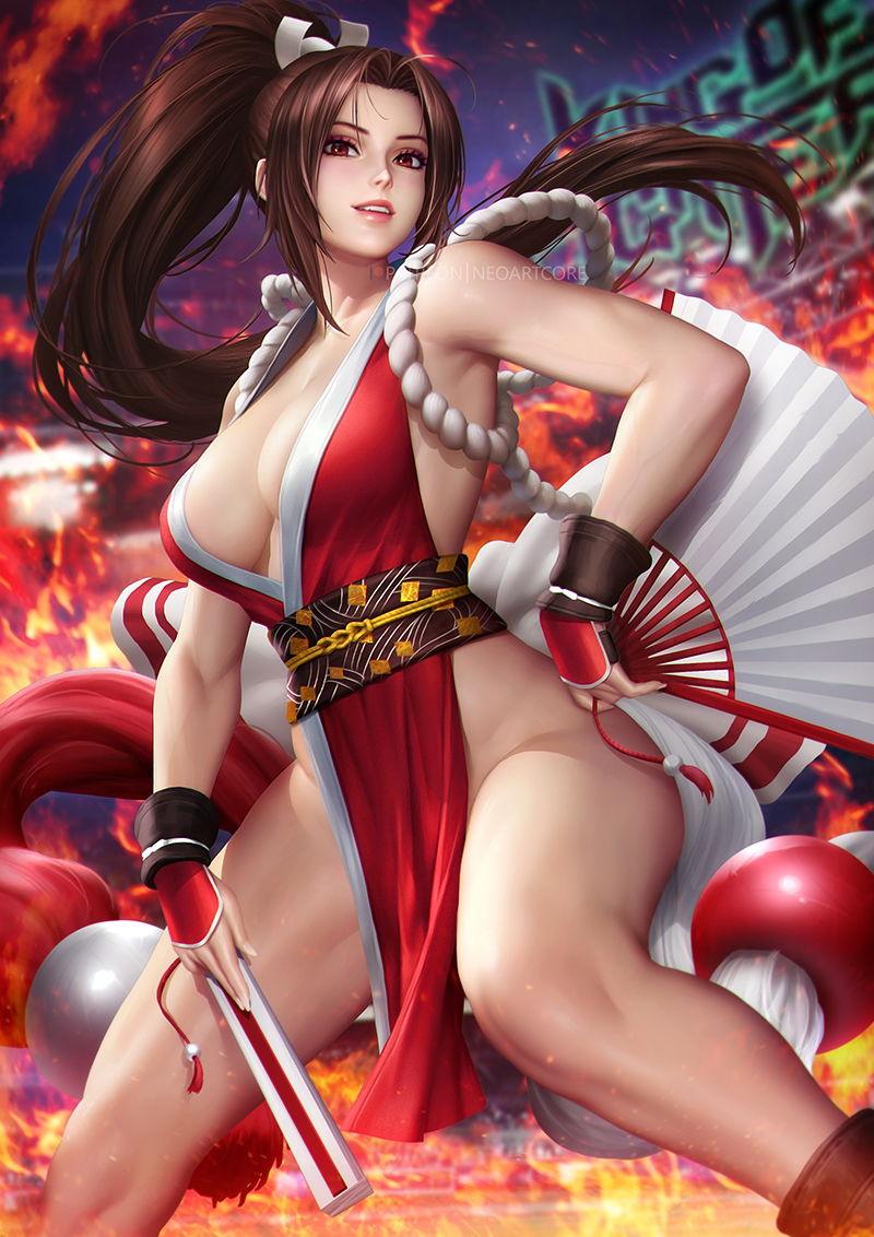 1girls, 2d, 2d (artwork), asian, asian female, brown eyes, brown hair, cleavage, curvy, fan, fatal fury, female, female only, fire, hourglass figure, human, human only, japanese, japanese clothes, japanese female, king of fighters, light skin, light-skinned female, long hair, looking at viewer, mai shiranui, neoartcore, night, ninja, outdoors, ponytail, powers, pyrokinesis, pyromancer, questionable, red eyes, sfw, snk, straight hair, thighs, tied hair