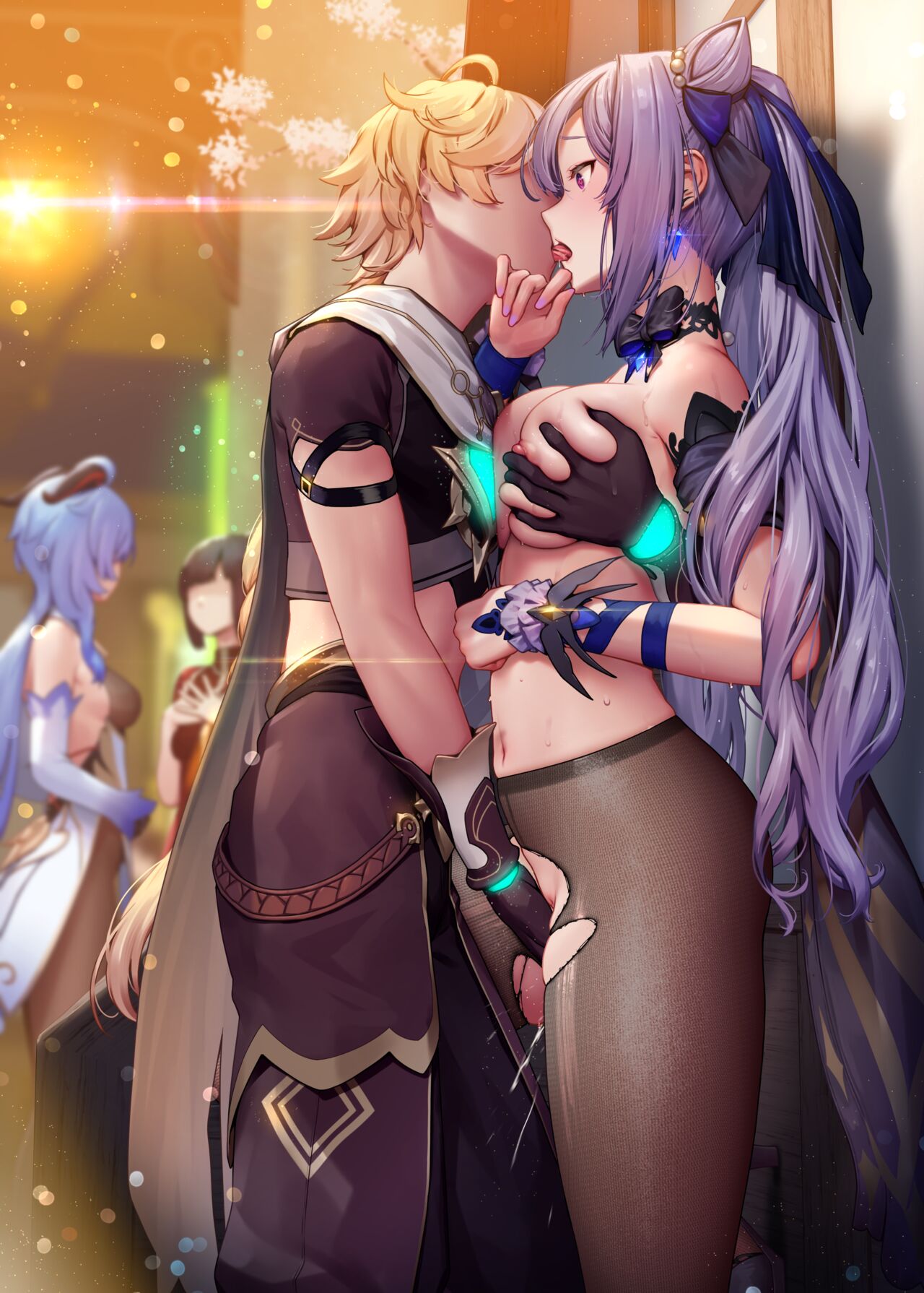 aether (genshin impact), against wall, breast grab, breast squeeze, breasts, doujinshi, female, fingering, fingering partner, french kiss, ganyu (genshin impact), genshin impact, groping, keqing (genshin impact), keqing (opulent splendor) (genshin impact), kissing, male, nipples, pussy, pussy juice, remana, squirting, straight, tongue, tongue out, torn legwear, torn pantyhose, uncensored