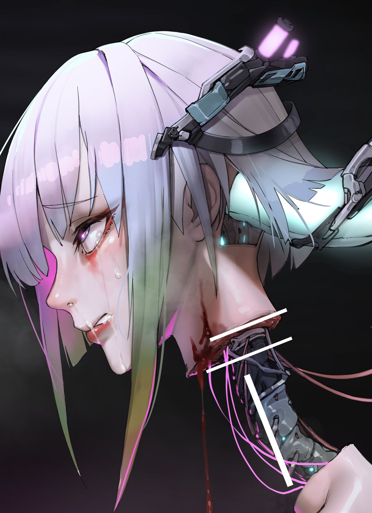 blood, cd projekt red, censor bar, censored, censored guro, cyberpunk 2077, cyberpunk: edgerunners, decapitated head, decapitation, female, gore, guro, lucyna kushinada, rbqinori, restrained, studio trigger, tagme, white hair