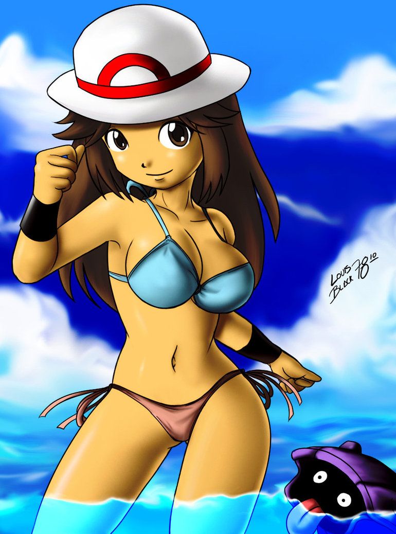 1girls alternate_breast_size alternate_outfit ambiguous_gender armpits beach bikini blue_bikini brown_eyes brown_hair cleavage feral human_only leaf_(pokemon) nintendo nude pink_bikini pokemon pokemon_frlg pokemon_rgby shellder side_tie_bikini source_request text watermark