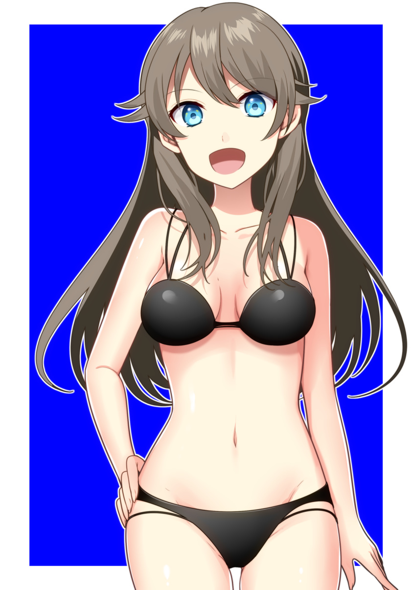 1girls, abs, alternate outfit, belly, bikini, black bikini, black swimsuit, blue eyes, breasts, brown hair, cleavage, eye contact, female, green (pokemon), human, human only, leaf (pokemon), long hair, looking at viewer, navel, pokemon, pokemon adventures, pokemon rgby, pose, small breasts, smile, solo, swimsuit, thigh gap, wide hips