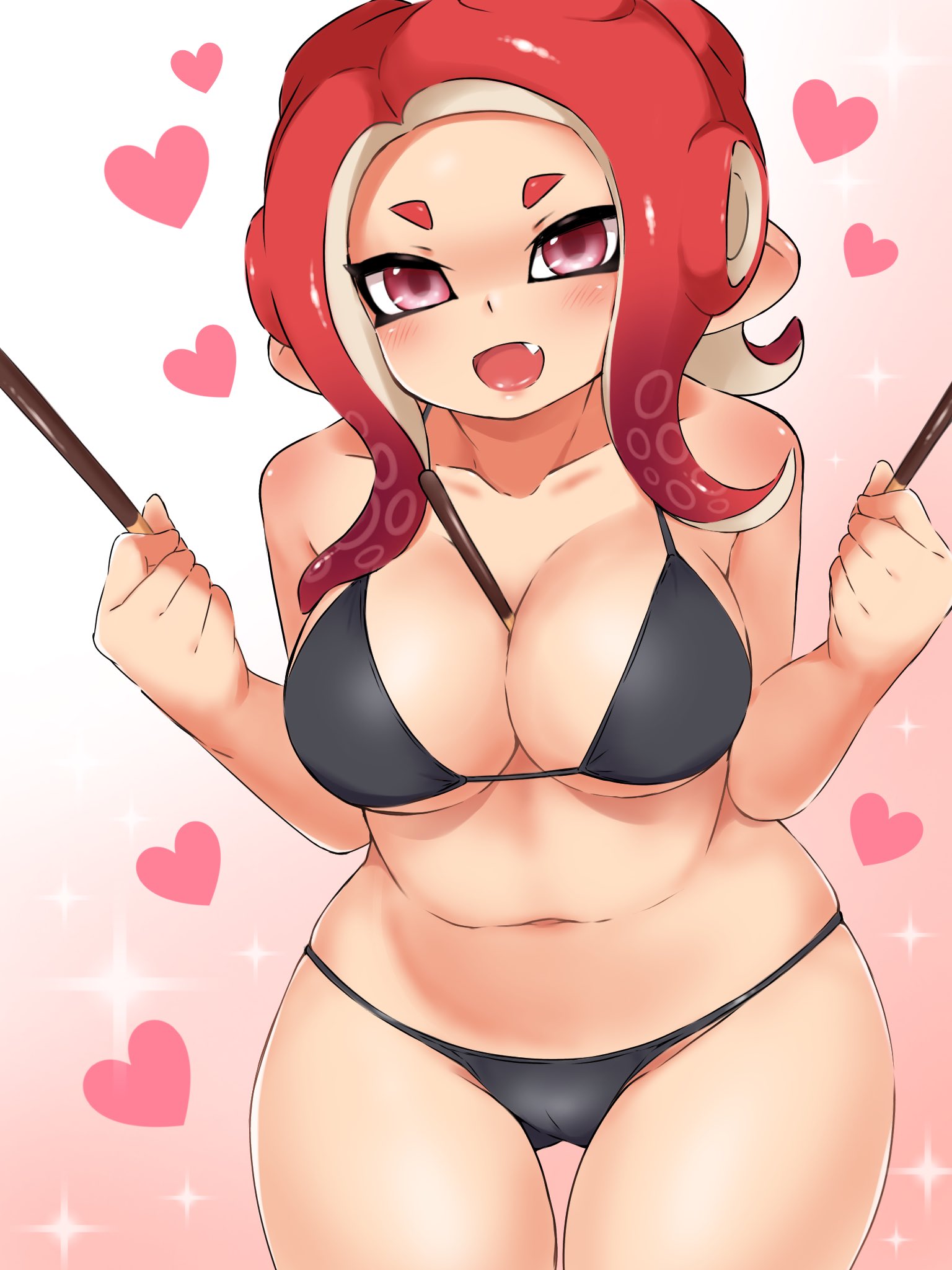 <3, 1girls, agent 8 (octo expansion), agent 8 (splatoon), bikini, blush, breasts, female, light skin, light-skinned female, looking at viewer, octoling, octoling girl, pengin maru, pocky, red eyes, red hair, solo, splatoon, splatoon (series), splatoon 2, splatoon 2: octo expansion
