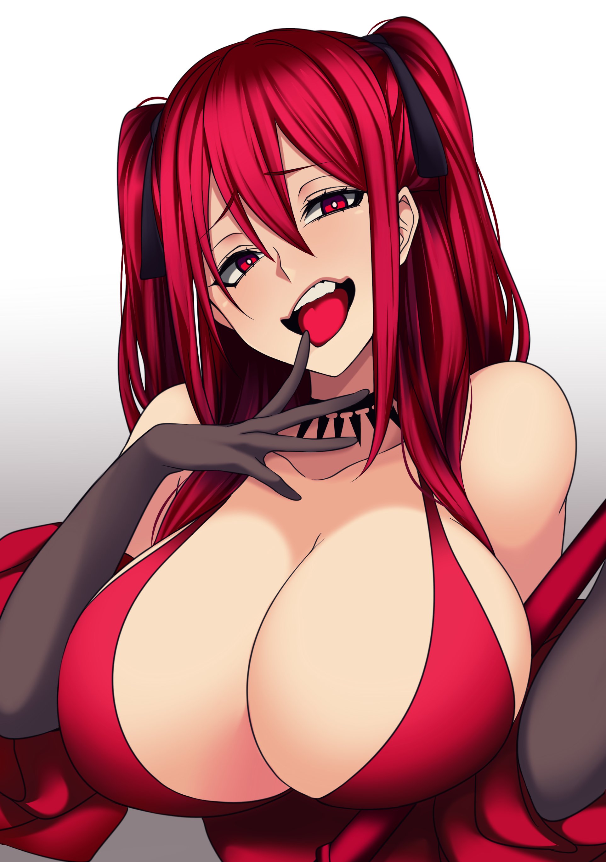 1girls, aka noju, bare shoulders, bedroom eyes, big breasts, breasts, bust, busty, camui kamui (hz 666v), classy, cleavage, dress, female, female only, finger in mouth, full cleavage, gradient background, huge breasts, matching hair/eyes, off shoulder, original, red dress, red eyes, red hair, seductive, solo, streaked hair, tied hair, twintails