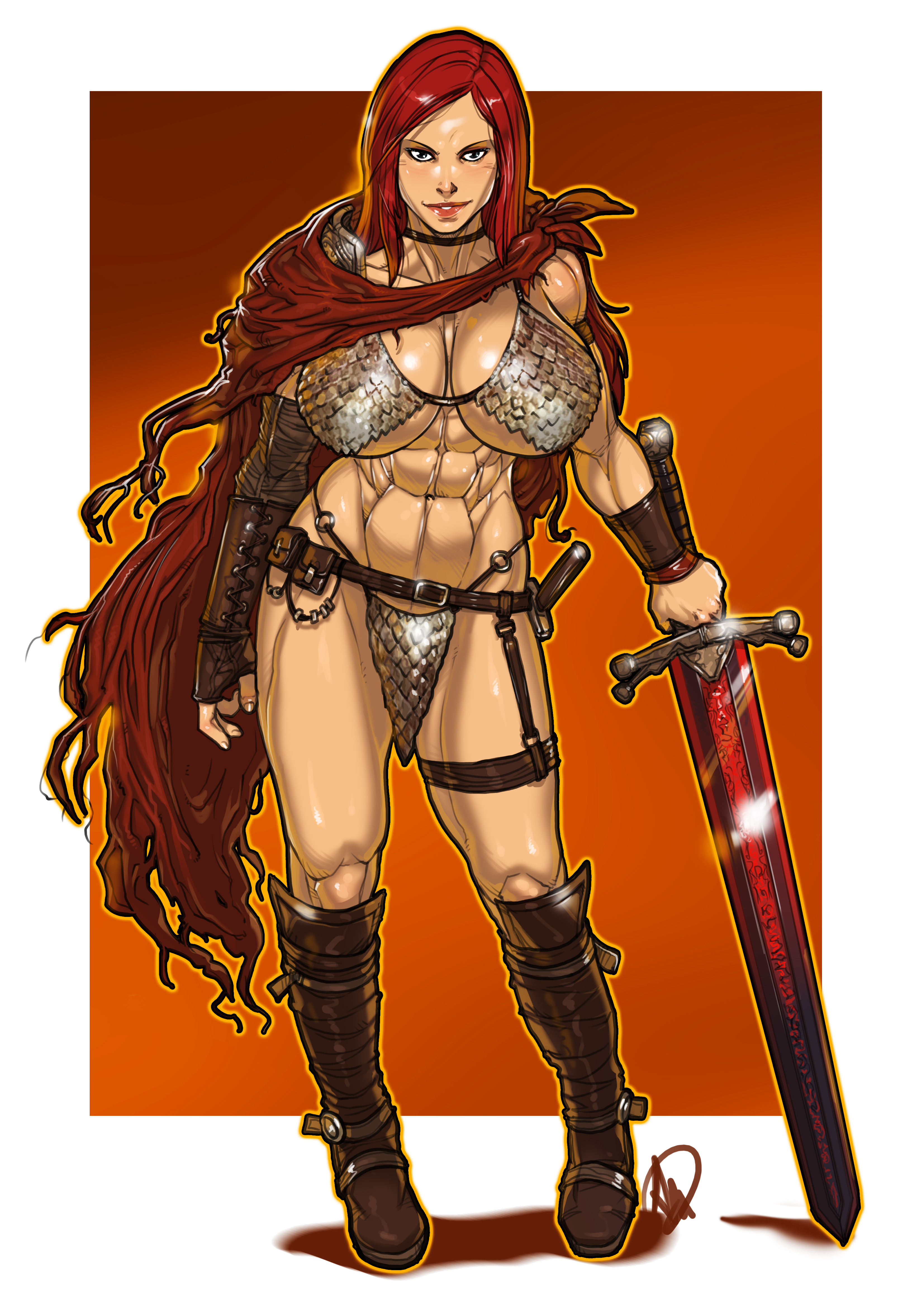 abs, absurd res, breasts, female, female only, full body, ganassa, highres, huge breasts, marvel, marvel comics, muscles, muscular, muscular female, red hair, red sonja, solo, sword, warrior, weapon, white background