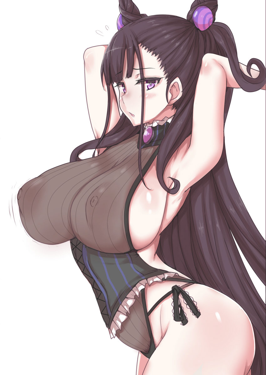 arched_back areolae armpits arms_behind_head arms_up bangs bare_shoulders black_panties blunt_bangs breasts chestnut_mouth corset covered_nipples cowboy_shot curvy eyebrows_visible_through_hair fate/grand_order fate_(series) female frilled_corset hair_between_eyes hair_over_shoulder highleg highleg_leotard highres huge_breasts inverted_nipples jema leotard long_hair looking_at_viewer motion_lines murasaki_shikibu_(fate) nipples open_mouth panties pubic_hair puffy_nipples purple_eyes side-tie_panties sideboob sidelocks skindentation solo standing two_side_up underwear very_long_hair