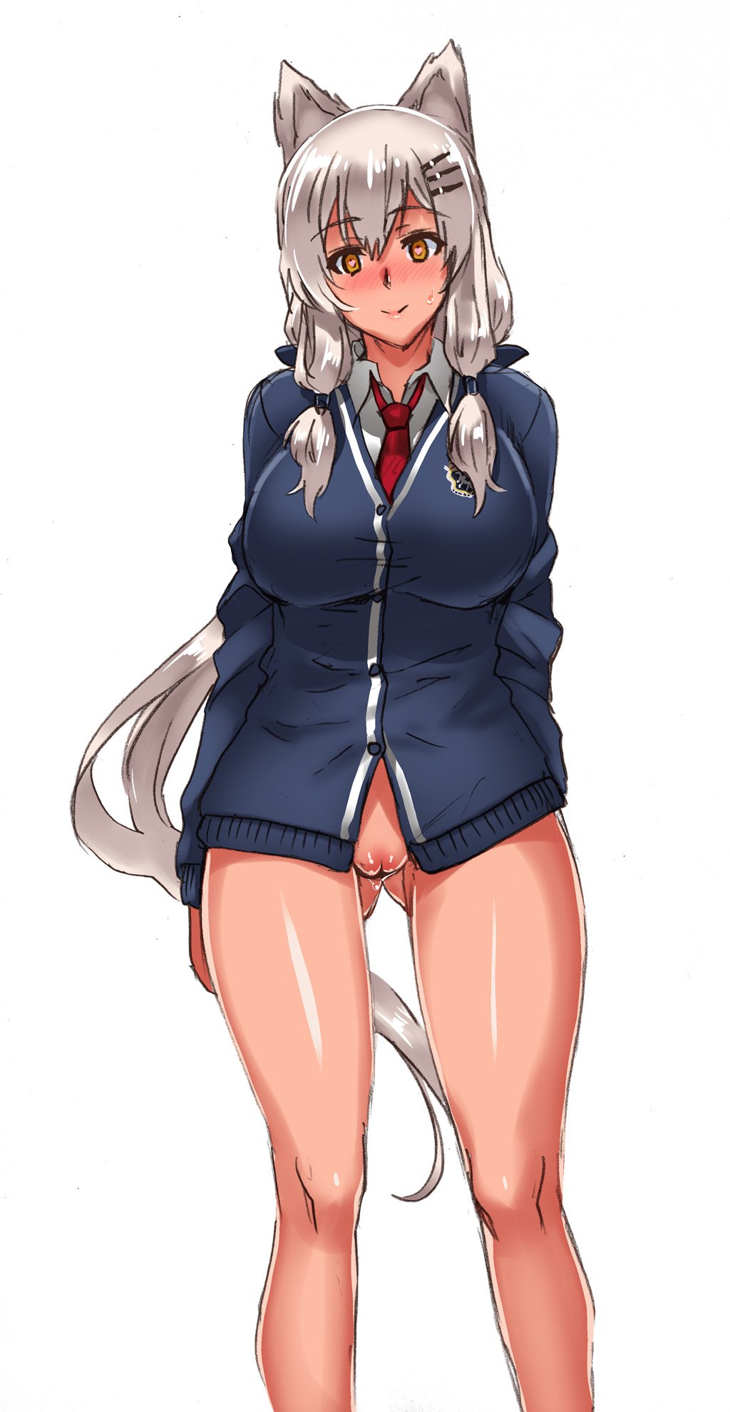 animal_ears ass_visible_through_thighs bangs bottomless breasts byeontae_jagga cardigan cleavage dark_skin eyebrows_visible_through_hair female girls'_frontline hair_ornament hairclip heart heart-shaped_pupils henshako highres long_hair looking_at_viewer m590_(girls'_frontline) necktie pussy pussy_juice school_uniform sidelocks silver_hair simple_background smile solo sweatdrop symbol-shaped_pupils very_long_hair white_background yellow_eyes