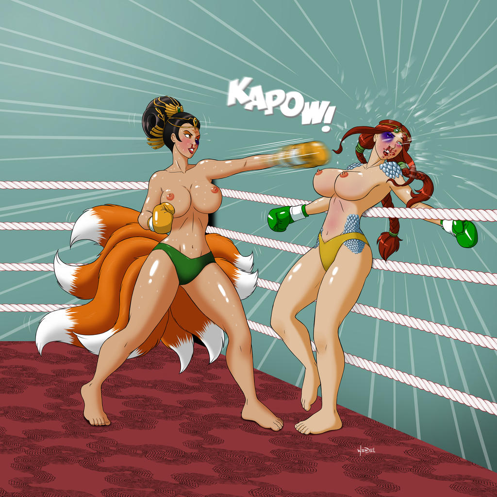 2girls asian_mythology big_breasts black_hair boxing boxing_gloves bruise bruise_on_face bruised_eye catfight chinese_mythology da_ji_(smite) drawing-4ever female female_only fight goddess hi-rez_studios light-skinned_female light_skin mythology nu_wa_(smite) red_hair scales smite wide_hips