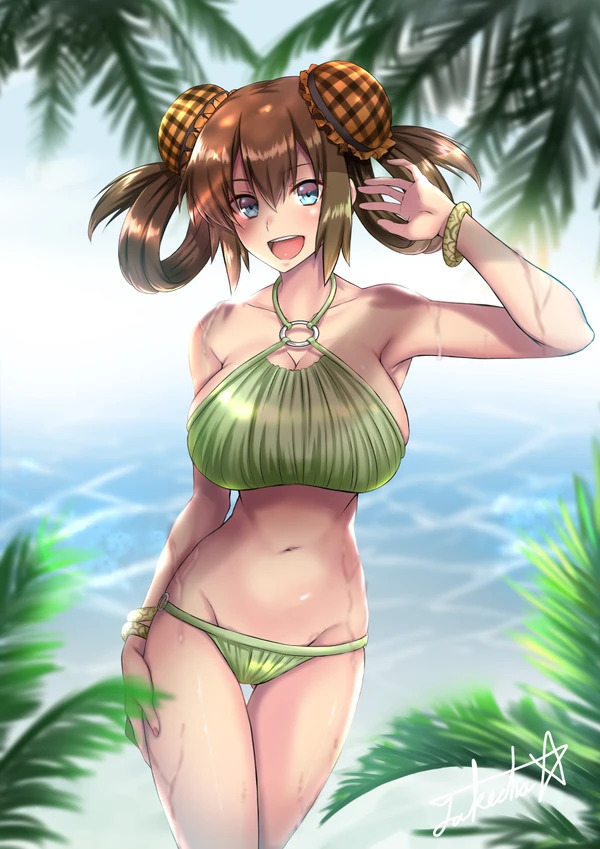 1girls alternate_hairstyle alternate_outfit armpits belly big_breasts bikini blue_eyes breasts brown_hair cleavage clothed clothes day double_bun eye_contact female female_only green_bikini hair_ornament holidays huge_breasts human large_breasts leaf long_hair looking_at_viewer midriff navel nintendo ocean outdoors plant pokemon pokemon_bw2 pose rosa_(pokemon) sideboob sky smile source_request standing swimsuit takecha text thick_thighs thigh_gap twintails water watermark wet wide_hips