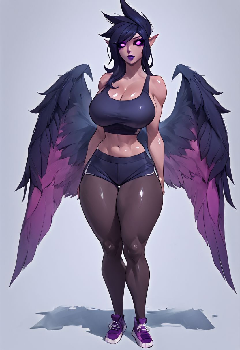 ai generated, big breasts, breasts, female, huge breasts, large breasts, league of legends, leggings, morgana, nai diffusion, riot games, shorts, stable diffusion, tank top, wings