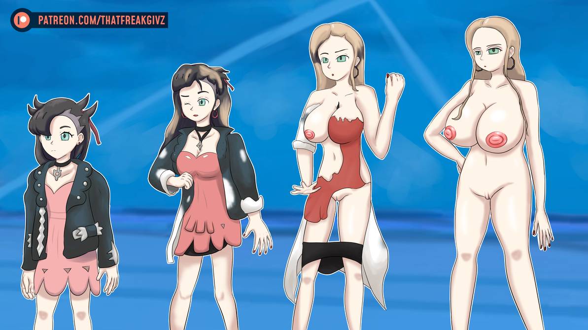 2019 2girls age_progression alternate_breast_size alternate_outfit black_hair black_jacket black_panties blue_background breasts clothed clothes_rip clothes_ripping female female_only game_freak green_eyes hair_over_one_eye half-closed_eyes human human_only larger_female lips lipstick long_hair mammal marnie_(pokemon) multiple_girls nintendo nude nude_female oleana_(pokemon) patreon pink_dress pokemon pokemon_ss sequence short_hair size_difference smaller_female text thatfreakgivz thick_thighs thigh_gap transformation url vagina video_games watermark wide_hips